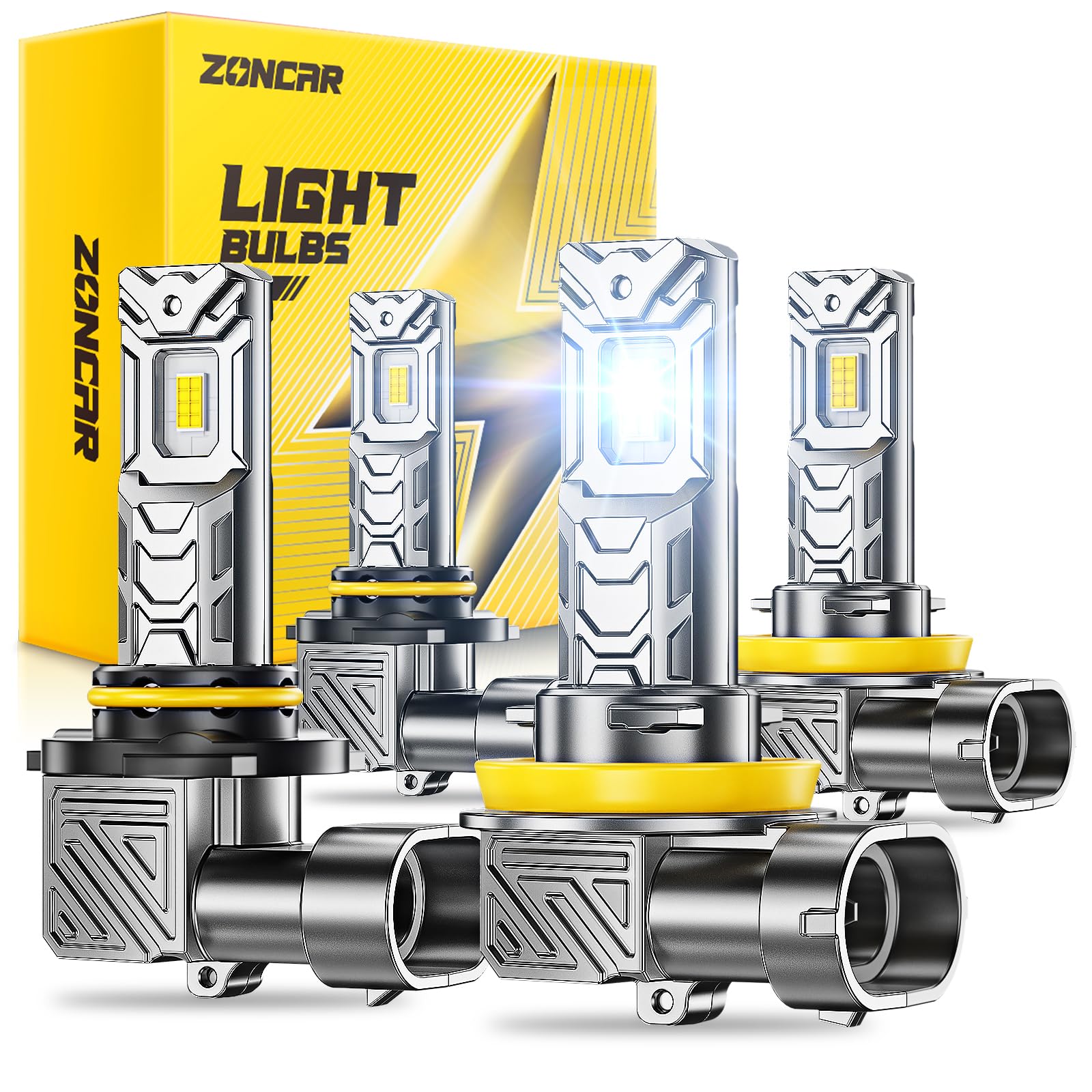 ZonCar 9005 H11 Fog Light Bulbs Combo, 10X Brighter 120000LM 6500K White HB3 H8 Driving Light Bulbs, 1:1 Size Plug N Play, 60,000hrs Long Lifespan, No Flicker, 99% Compatibility, Box of 4 Image