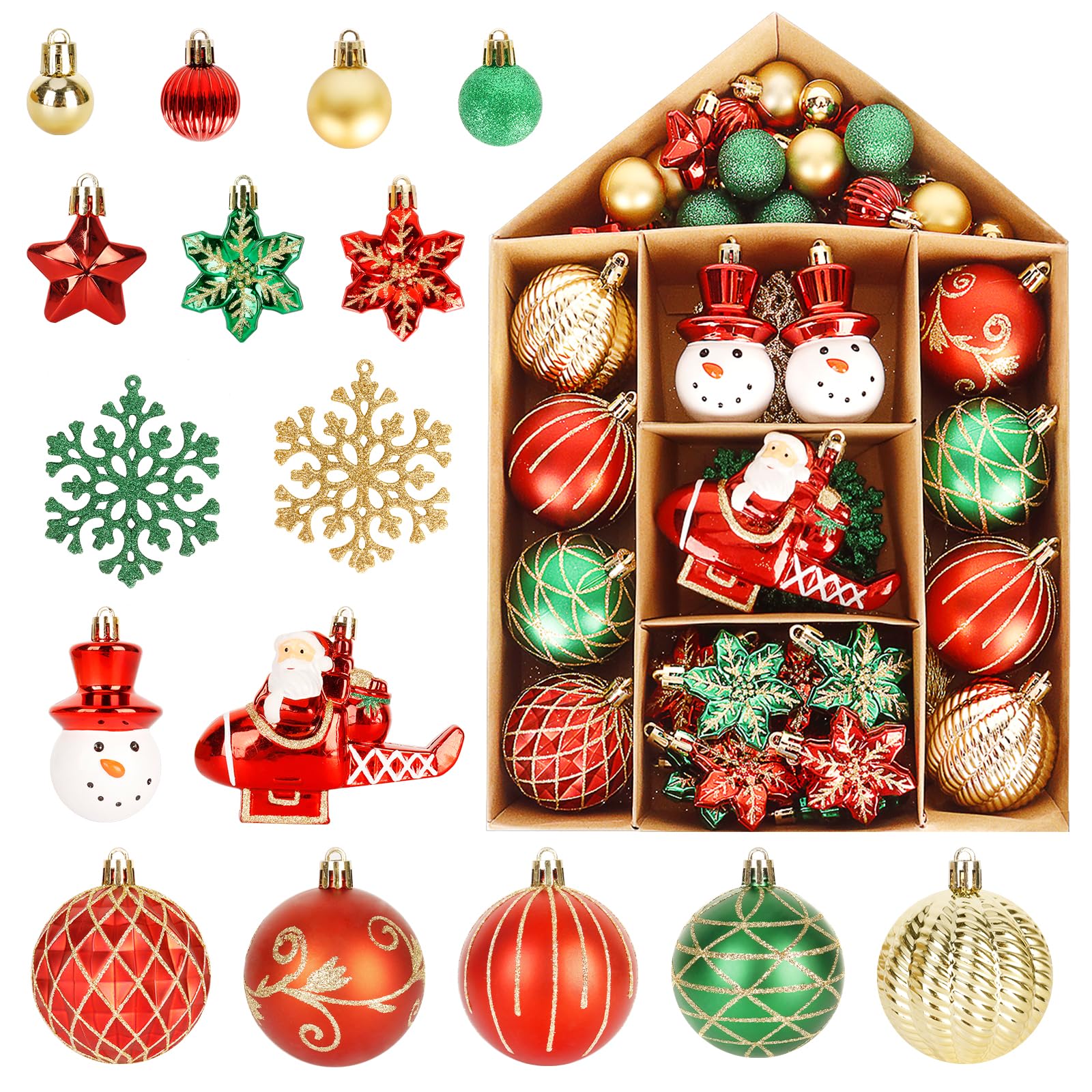 YONTINY 70Pcs Christmas Tree Baubles, Christmas Tree Ornaments Decorations Set Red Gold and Green, Xmas Decorations Balls for Xmas, Holiday, Wedding, Party