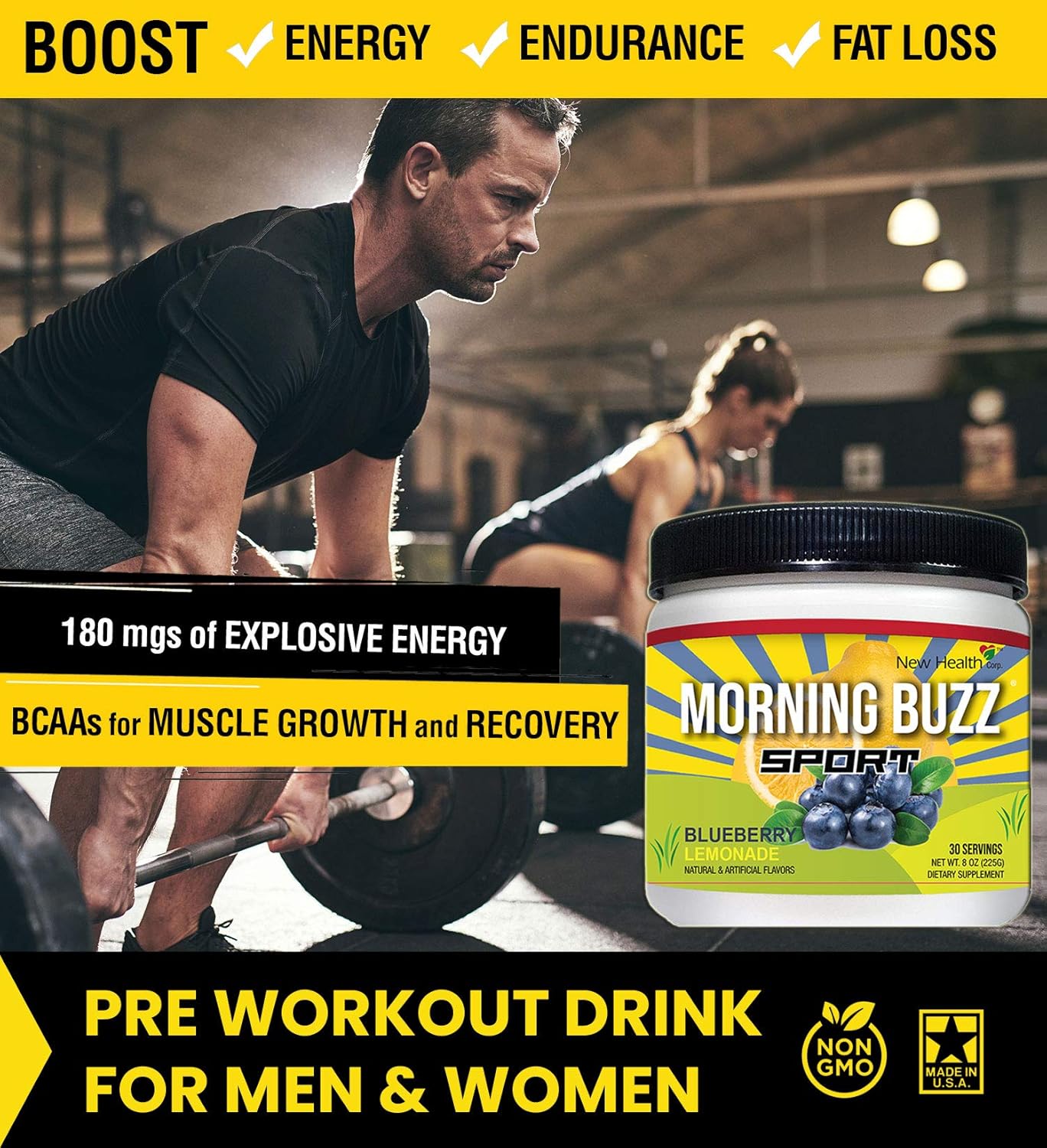 Morning Buzz Sports Energy Drink Mix by New Health, Pre Workout, Sports Nutrition Drink, Supports Lasting Energy, Endurance, Mental Clarity, and Metabolism, 8 Ounce Powder Mix, 30 Servings (Yellow): Health & Personal Care