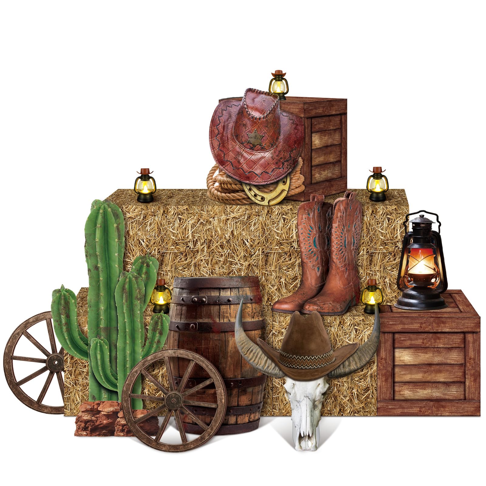 Photo 1 of Colingmill 16 Pcs Cowboy Party Decorations Set 6 Hay Bales Boxes 2 Wood Print Boxes 2 Wood Wagon Wheels and 6 Western Cowboy Centerpieces Decor for Photo Booth Props Cowgirl Birthday Farm Party Favors