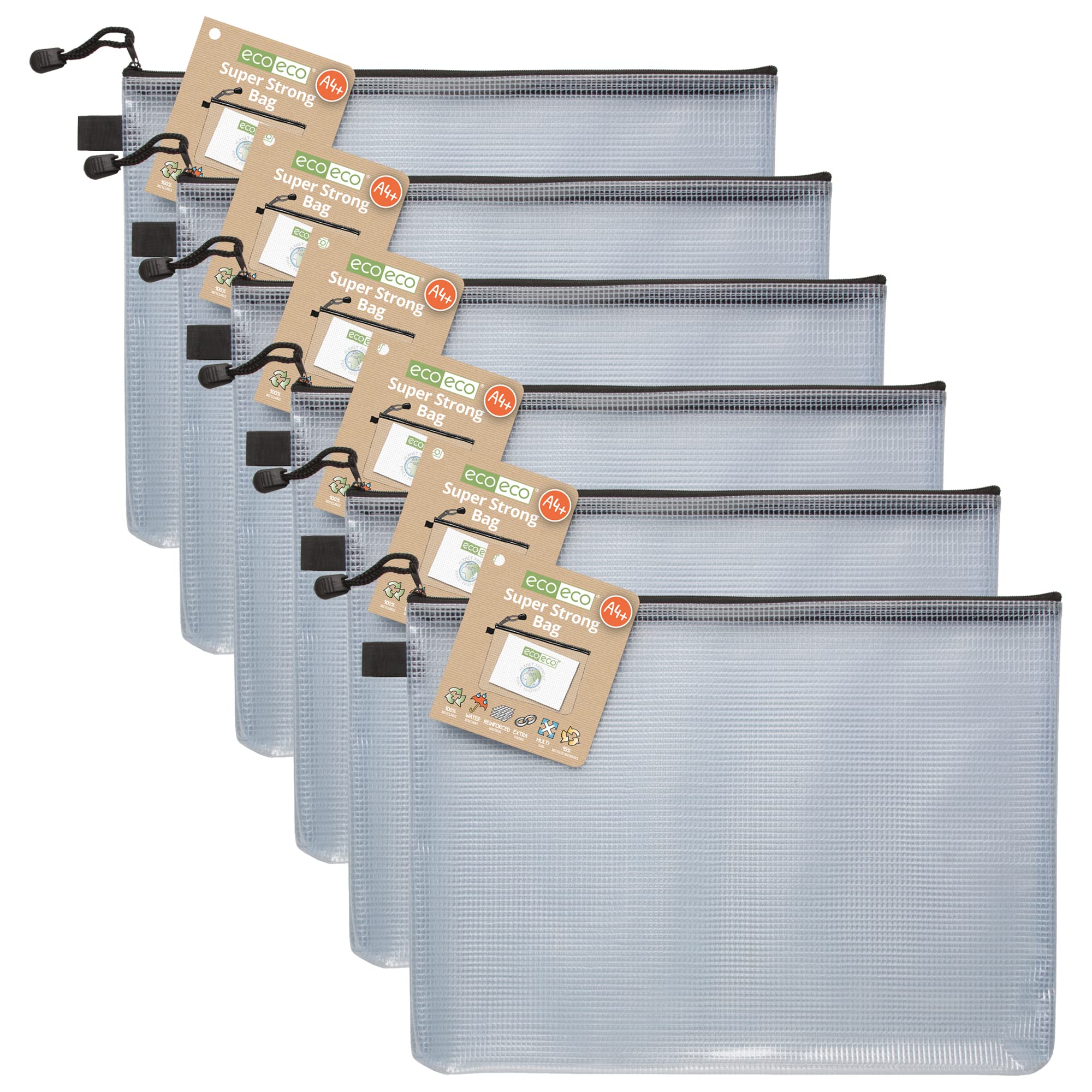 eco-eco A4+ 95% Recycled Super Strong Bag, Waterproof Mesh Tuff Bag, Reinforced, Black Zip Closure (Pack of 6)