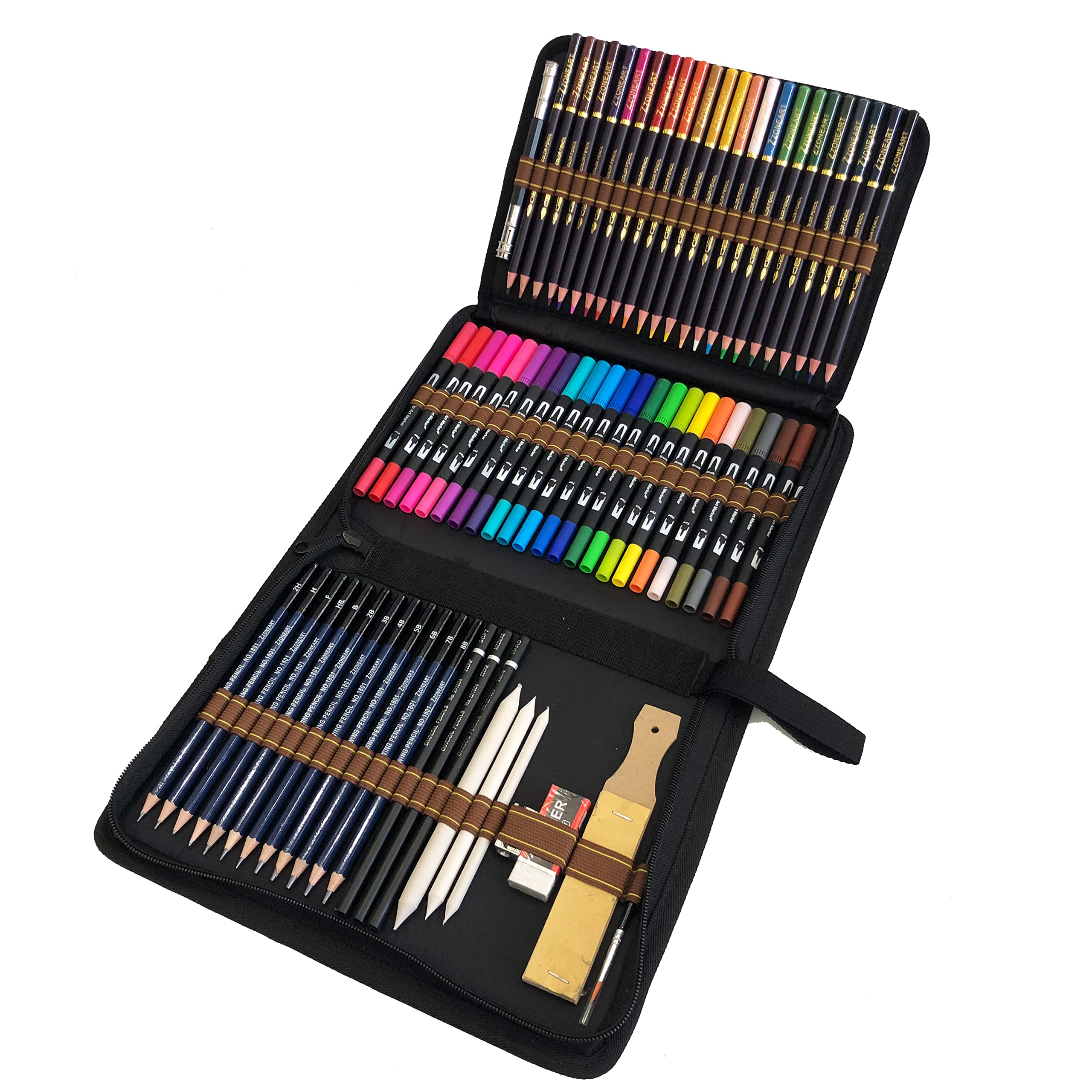 QUER Drawing Brush Pens for Artists, 24 Dual Tip Brush Pens, 24 Watercolour Pencils, 12 Sketching Pencils and Drawing Art Set Attached Coloring Book for Adults