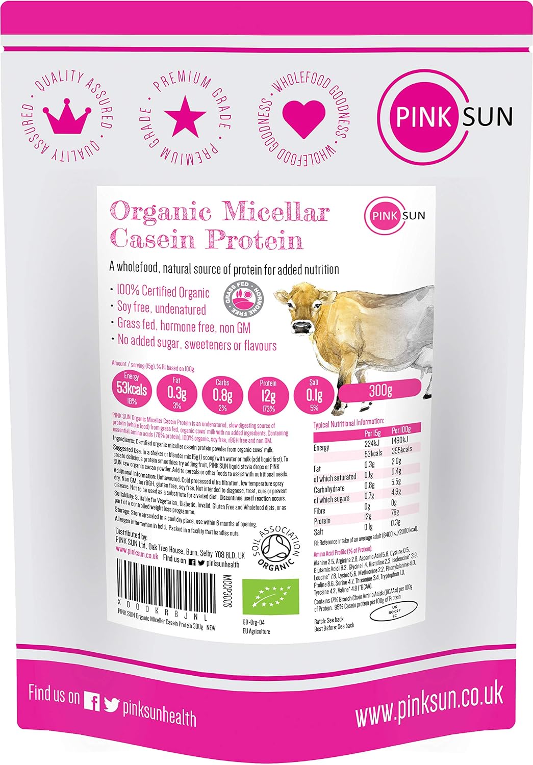 PINK SUN Organic Casein Protein Powder 300g Pure Native Micellar Grass Fed Soy Free Gluten Free Unflavoured Vegetarian No Added Sugar Unsweetened Undenatured
