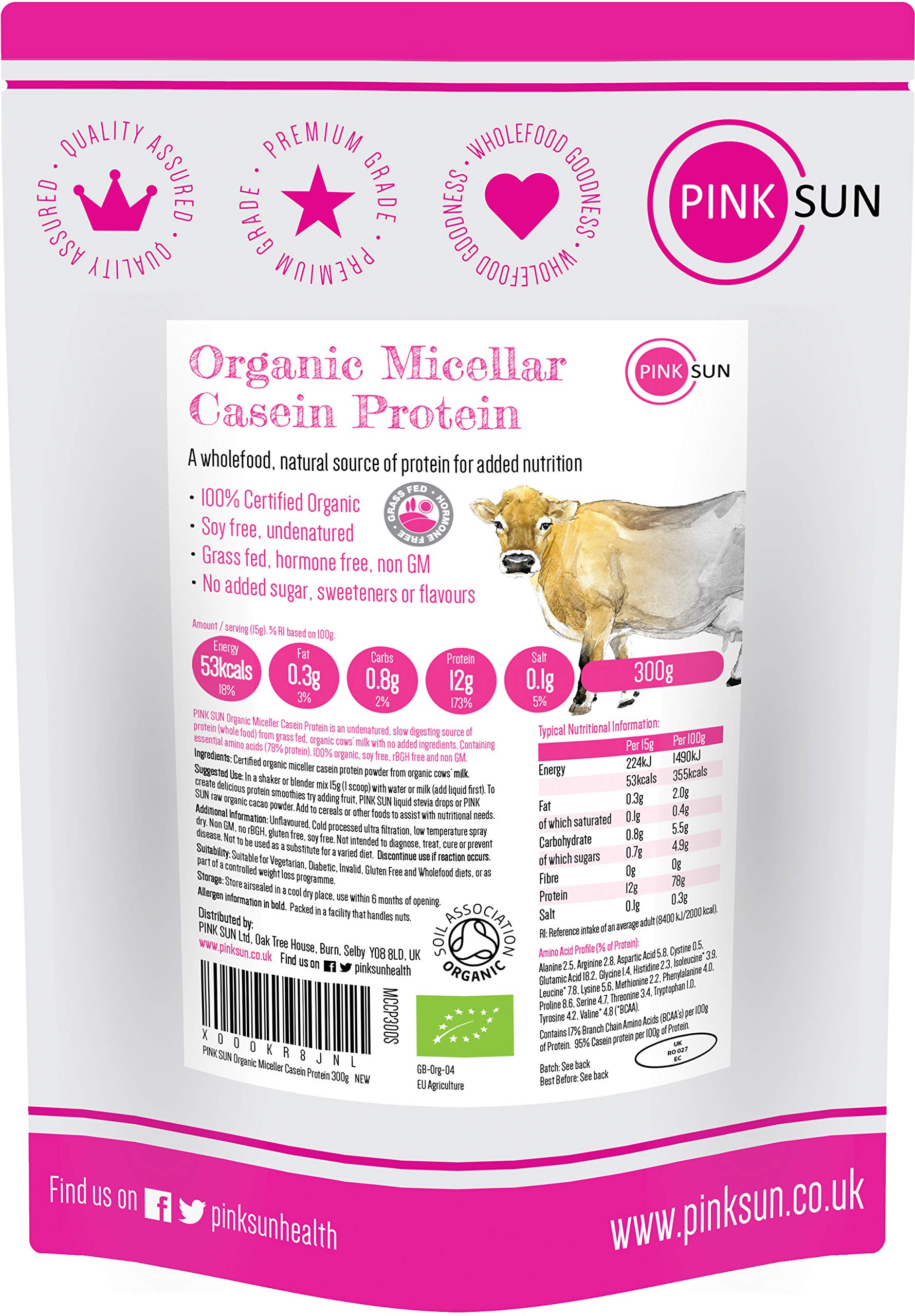 PINK SUN Organic Casein Protein Powder 300g Pure Native Micellar Grass Fed Soy Free Gluten Free Unflavoured Vegetarian No Added Sugar Unsweetened Undenatured
