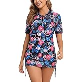 Halcurt Women's Short Sleeve Rash Guard Swim Shirt with Bra Half Zip Tie Drawstring UPF50+ Swimsuit Top