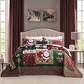 CHIXIN Christmas Oversized Bedspread King Size, Santa Claus Pattern Bedding Quilt, Rustic Lodge Plaid Patchwork Coverlet Set, Lightweight & Soft Microfiber, 3 Piece, King/Cal King