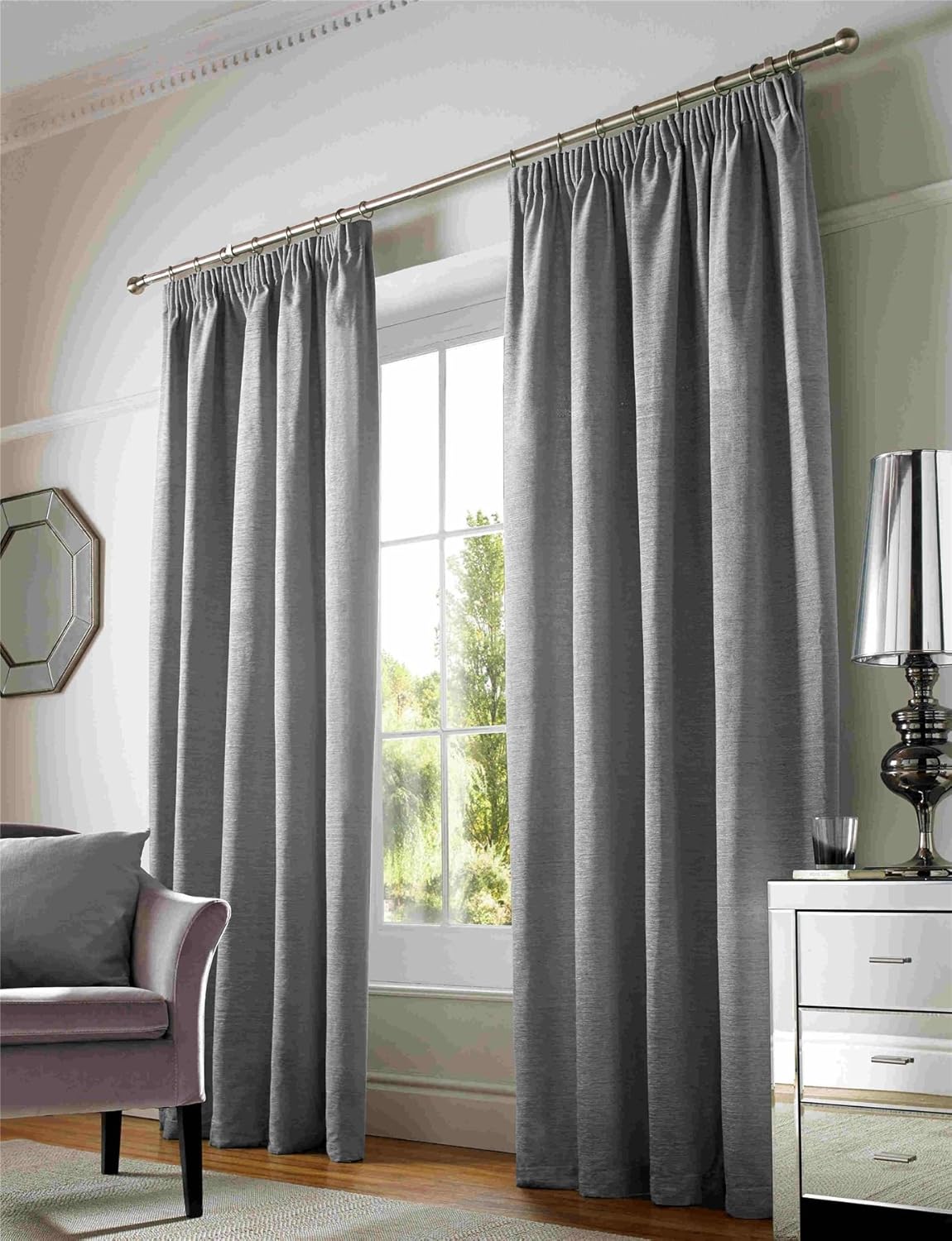 Chenille Plain Lined Tape Top Curtains, Pencil Pleat Curtain Pairs