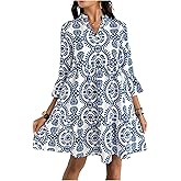 Floerns Women's Floral Tunic Dress 3/4 Ruffle Sleeve Notched Neck Vacation Smocked Boho Dresses