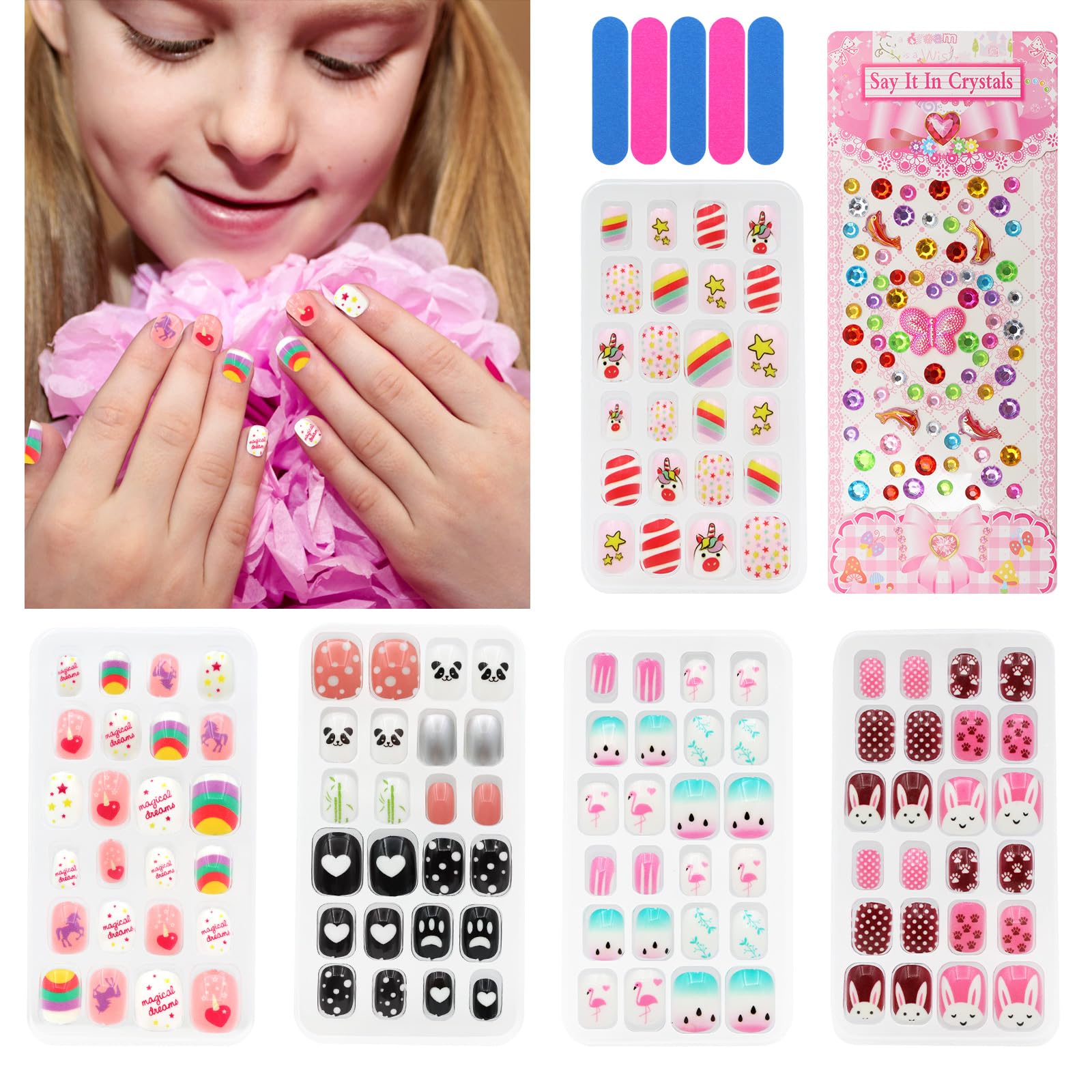 Scettar 120 Pcs Kids False Nails, Press On Nails for Girls - Pre-glued Fake Nail Stickers for DIY Nail Art Decor - 5 Boxes with Diamond Face Sticker Decoration