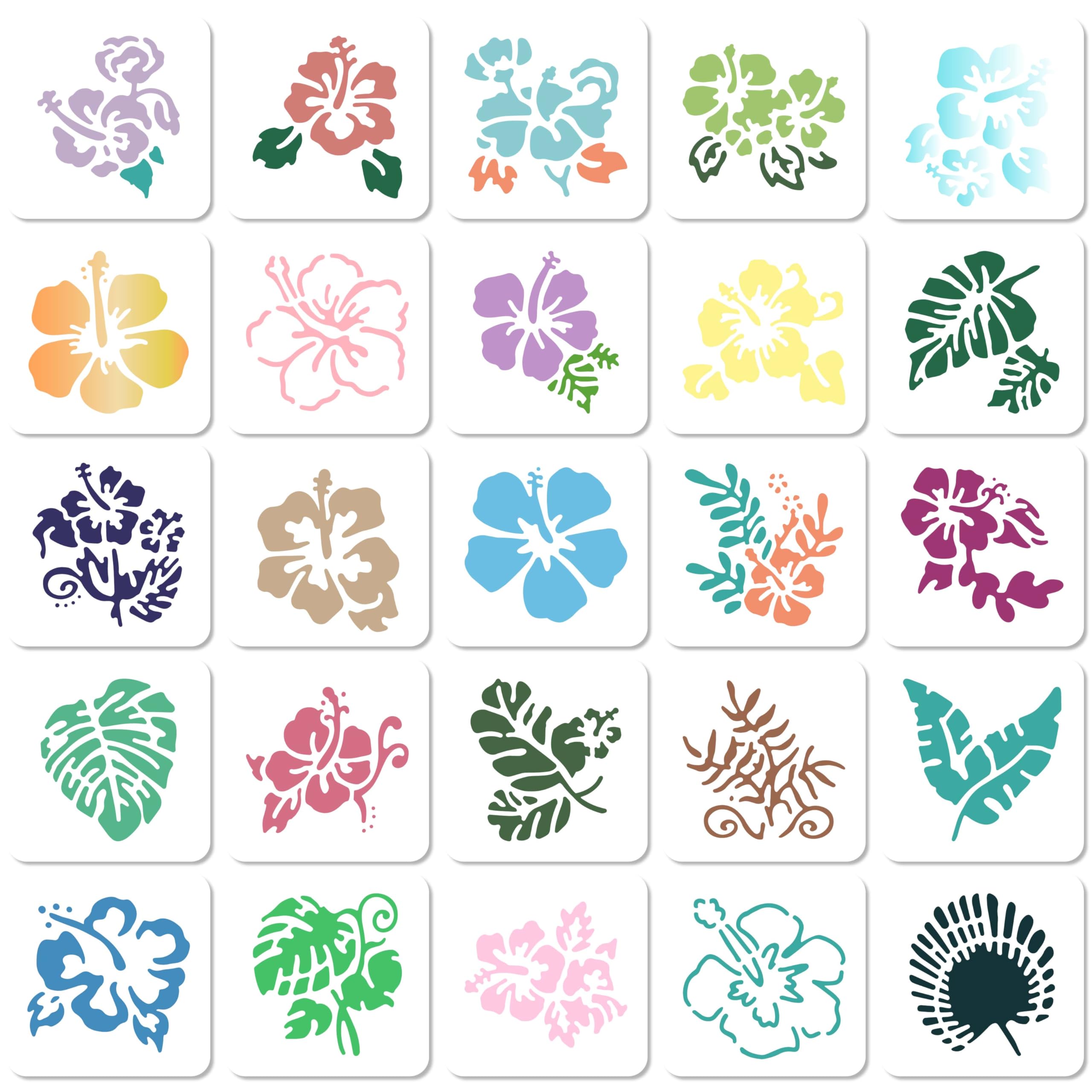 GORGECRAFT 25 Styles Hibiscus Stencils Reusable Plastic Flower Leaf Tropical Leaves Palm Tree Nature Floral Art Craft Drawing Template Stencil for Painting on Wood Rock Wall Furniture Scrapbooking