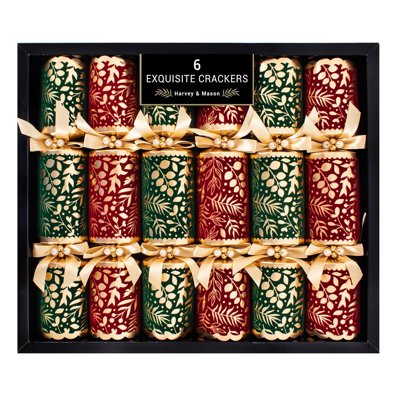 Harvey & Mason 6 Exquisite Flock Christmas Crackers - Deluxe Premium Red Green Gold Foliage Design, Xmas Dinner Party Celebration Recyclable
