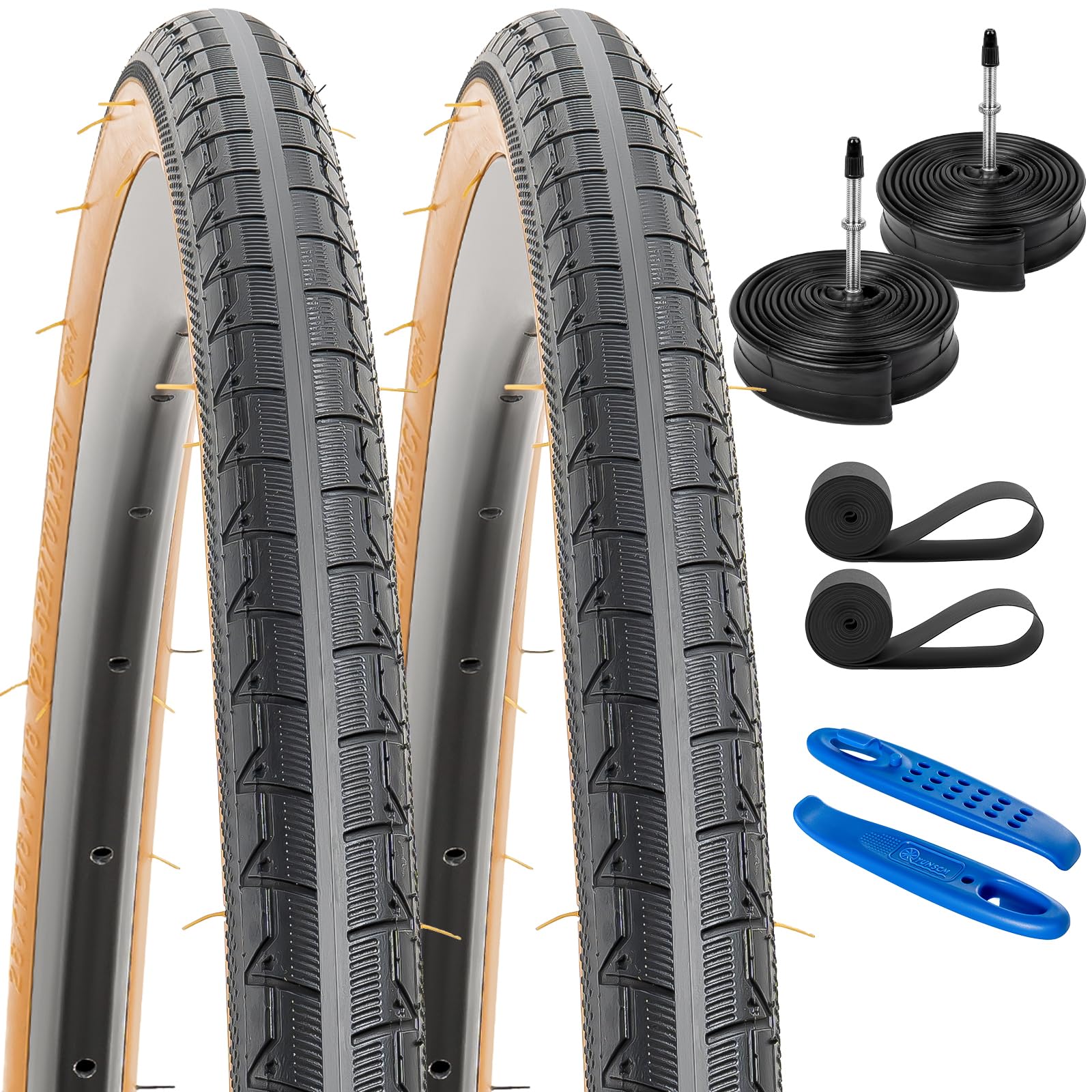 Photo 1 of 2-PCS 700C Road Bike Tires 700x28C/28-622 28x1 5/8x1 1/8 and 700 Heavy Duty Bike Tubes Presta Valve with 2 Rim Strips Compatible with 700x26C 700 x 28C 700x30C Bike Tires and Tubes (Brown sidewall)