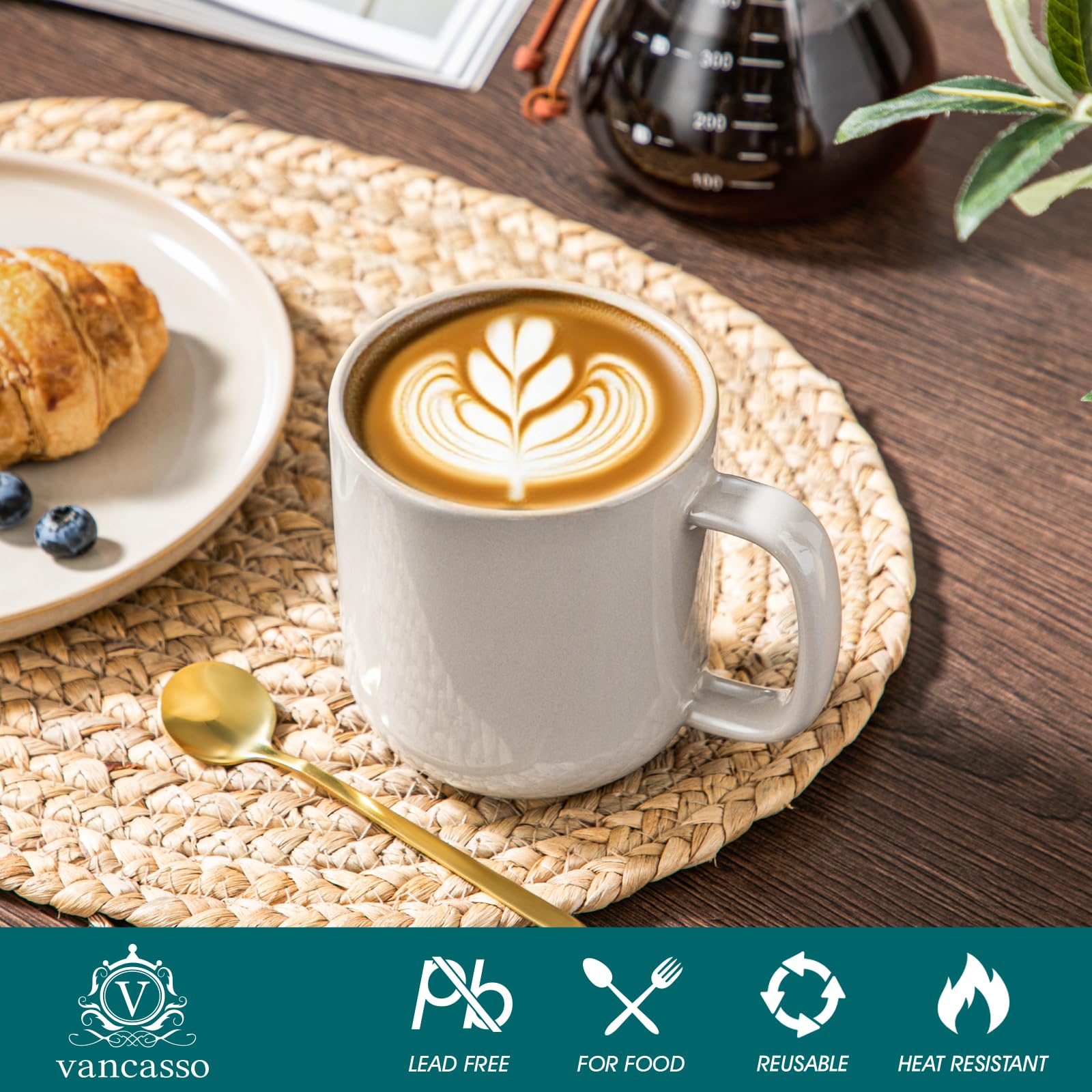 Kaffeetassen Set 6er, vancasso PLAYA Tassen Set 6 Stück mit Henkel 480ml, Teetassen aus Steingut, Mikrowellen und Spülmaschinenfest, Soft Beige 4