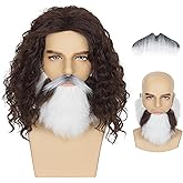 Yan Dream Mens Brown Curly Cosutme Wig with Fake Beard Set for Halloween Cosplay Wizard Look