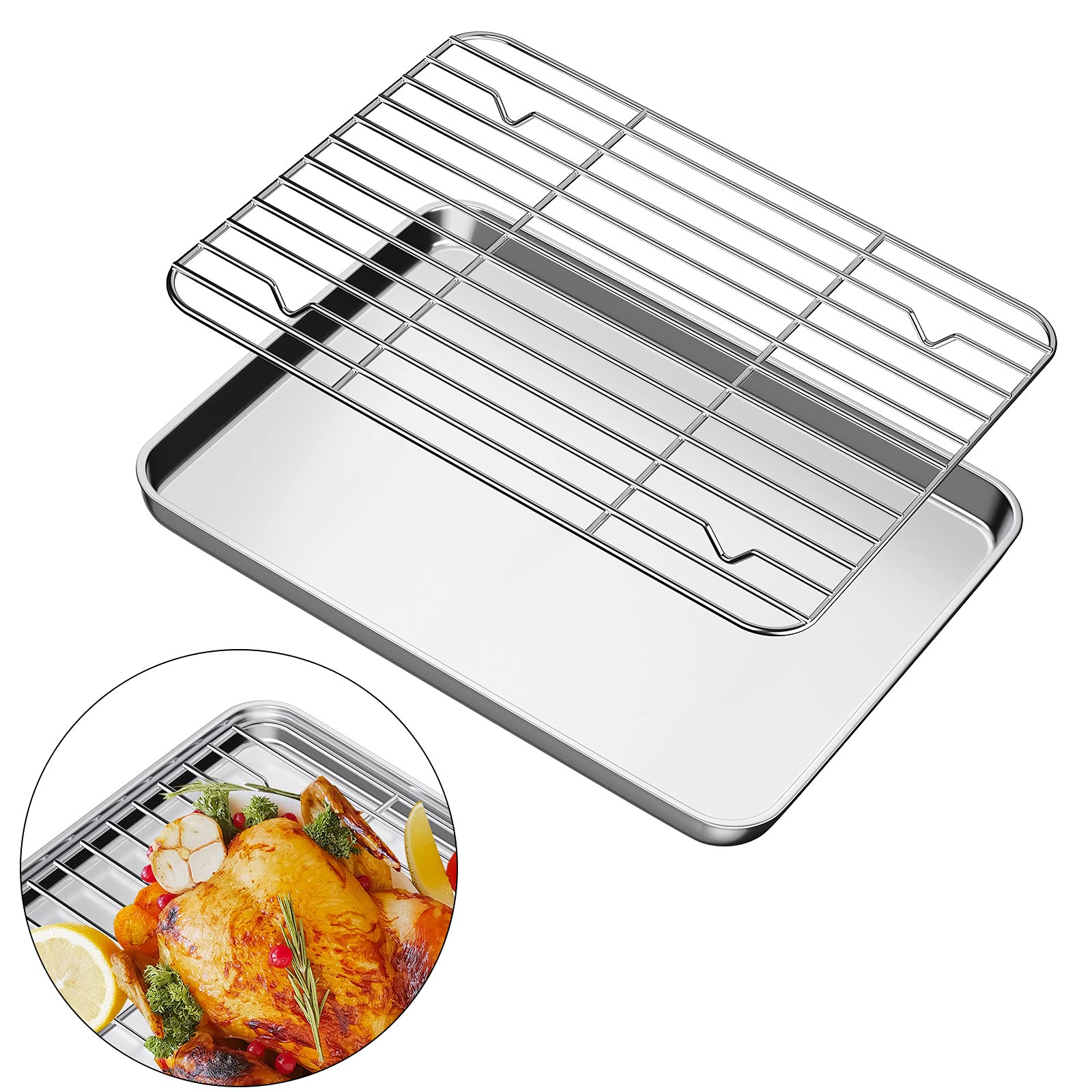Baking Tray with Rack Set, Stainless Steel Baking Sheet with Cooling Rack 12 x 10 x 1 in, Easy Clean & Dishwasher Safe, Oven Trays for Bread/Biscuits/Meat Cooking