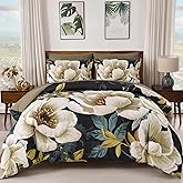 Dintszyayue Black Comforter Set Queen Size, Floral 7 Pieces Bed in a Bag Set Elegant Texture Flower Bedding Sets, Soft Microfiber for All Season with Flat Sheet Fitted Sheets Pillowcases and Shams