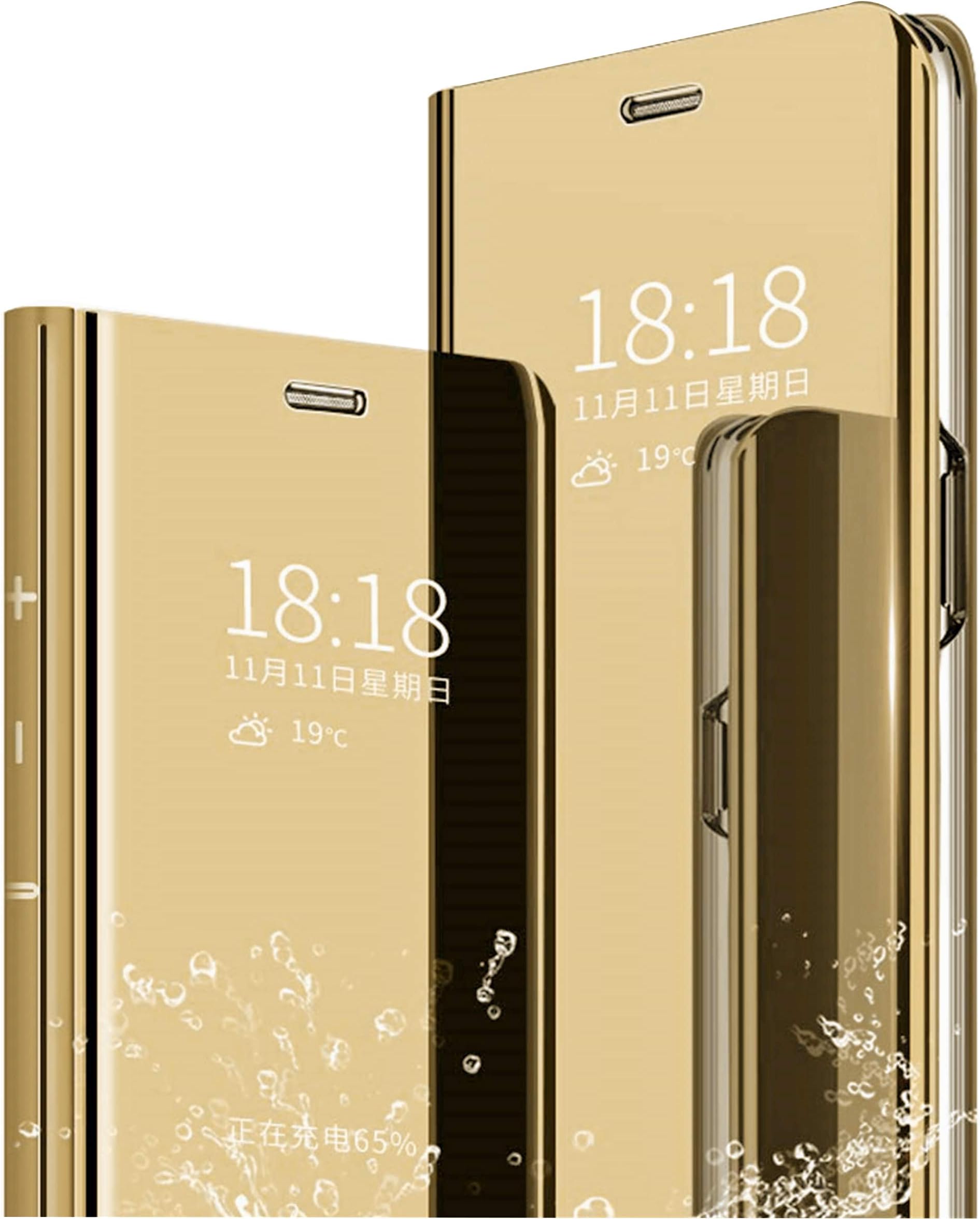 MLOTECH Case for Huawei Mate 10 Lite case,+ tempered glass Flip Clear View Translucent Standing Cover Mirror Plating Holder Full Body 360°Smart Cover Protection Gold