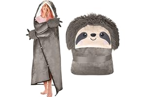 HAPPY FUEL Sloth Wearable Hooded Blanket for Adults - Super Soft Warm Cozy Plush Flannel Fleece & Sherpa Hoodie Throw Cloak Wrap - Sloth Gifts for Women Adults and Kids