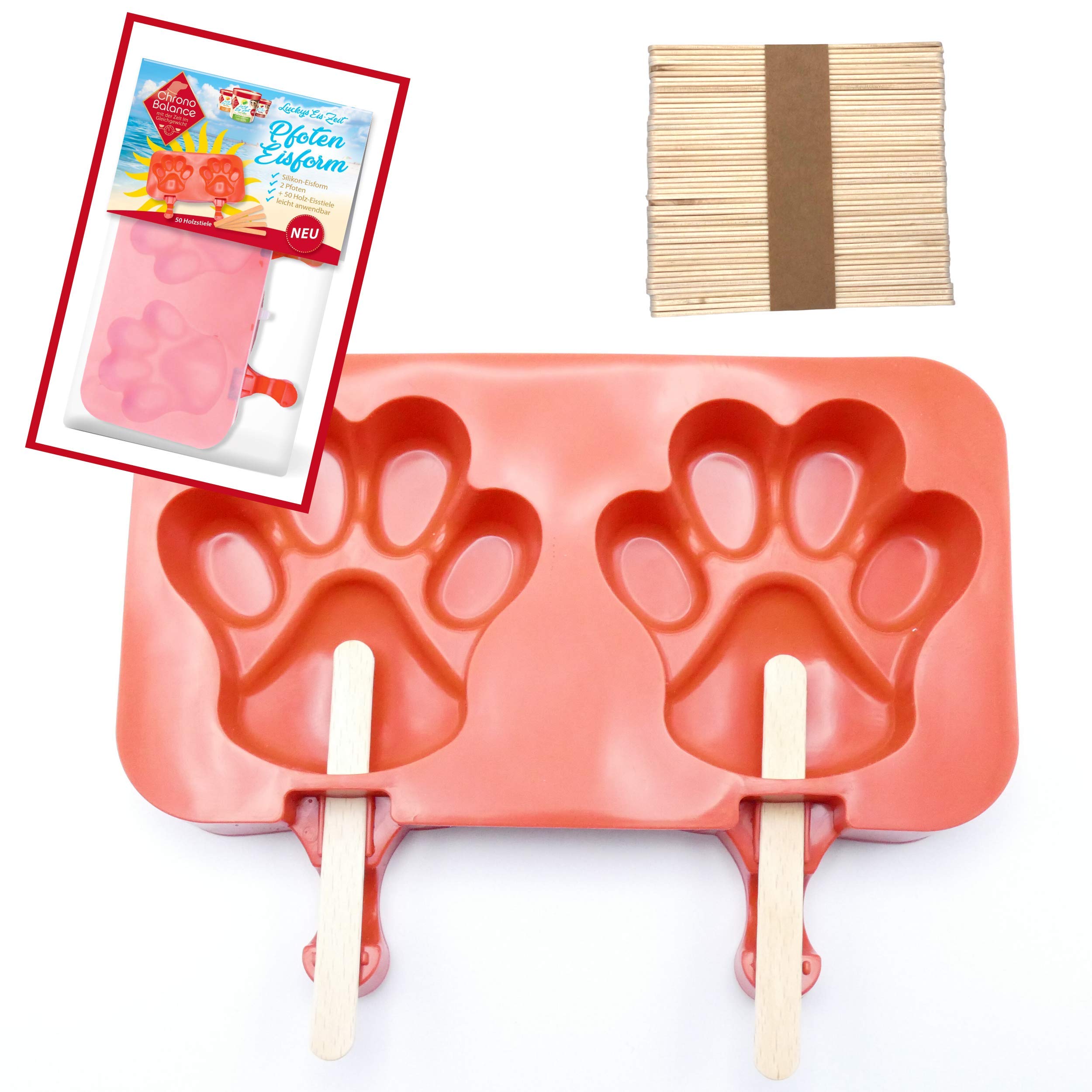 ChronoBalance® Silicone Ice Mould for DIY Ice Making, BPA Ideal for Dog Ice Cream, Includes 50 Wooden Ice Sticks, Paw Shape, 2 Paws, Easy to Use for Ice Loles, Ice Cubes, Ice Cream