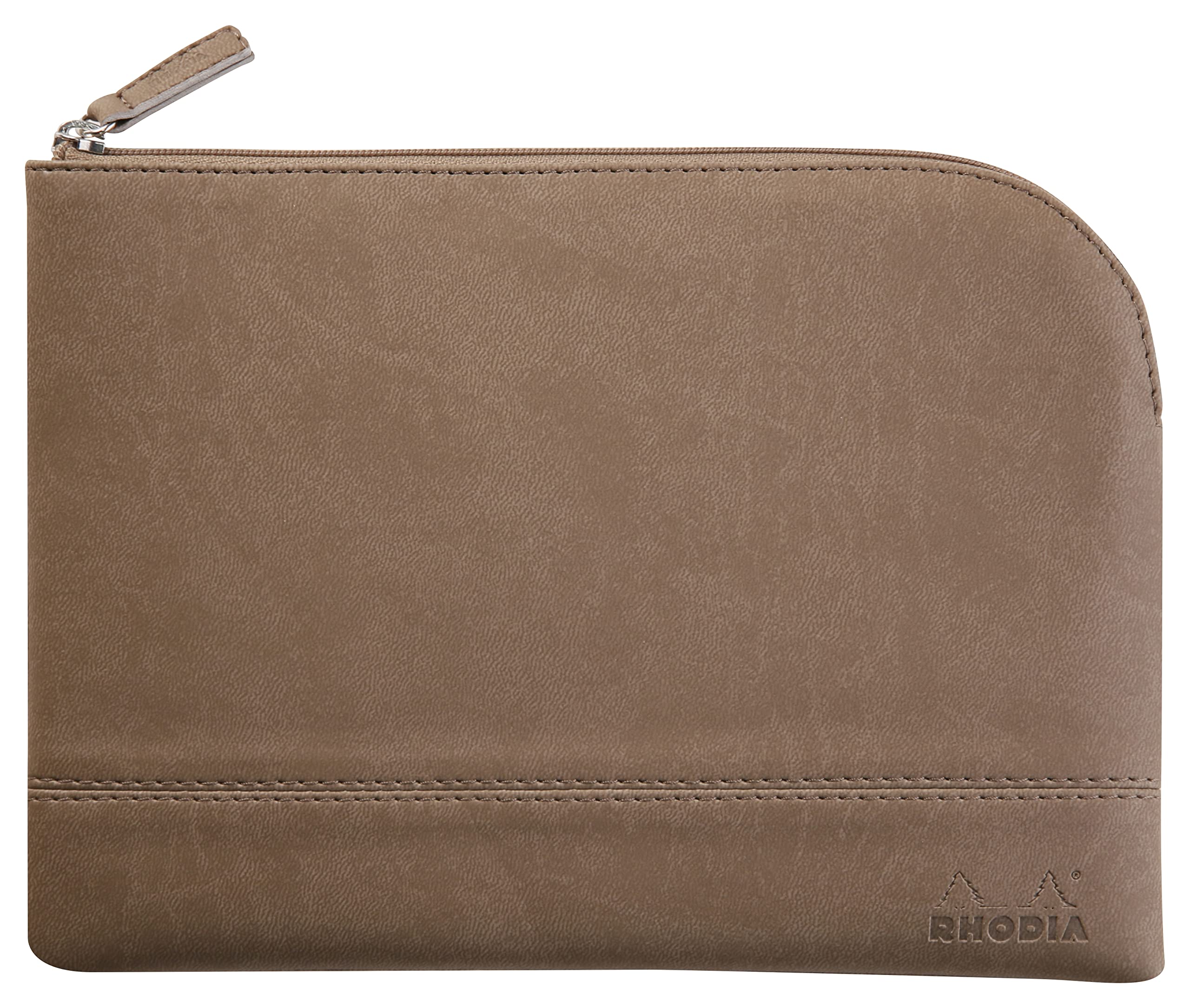 RHODIA 116625C - Faux Leather Zippered Pouch - Taupe - Size M (16 x 22 cm) - Genuine stitching - Orange Fabric Inside - Storage for Documents, Small Supplies — image 1