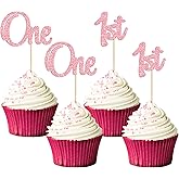Gyufise 24Pcs One Cupcake Toppers Pink Glitter One Cake Toppers 1st Birthday Cupcake Picks for Baby Shower First Birthday Party Cake Decorations Supplies