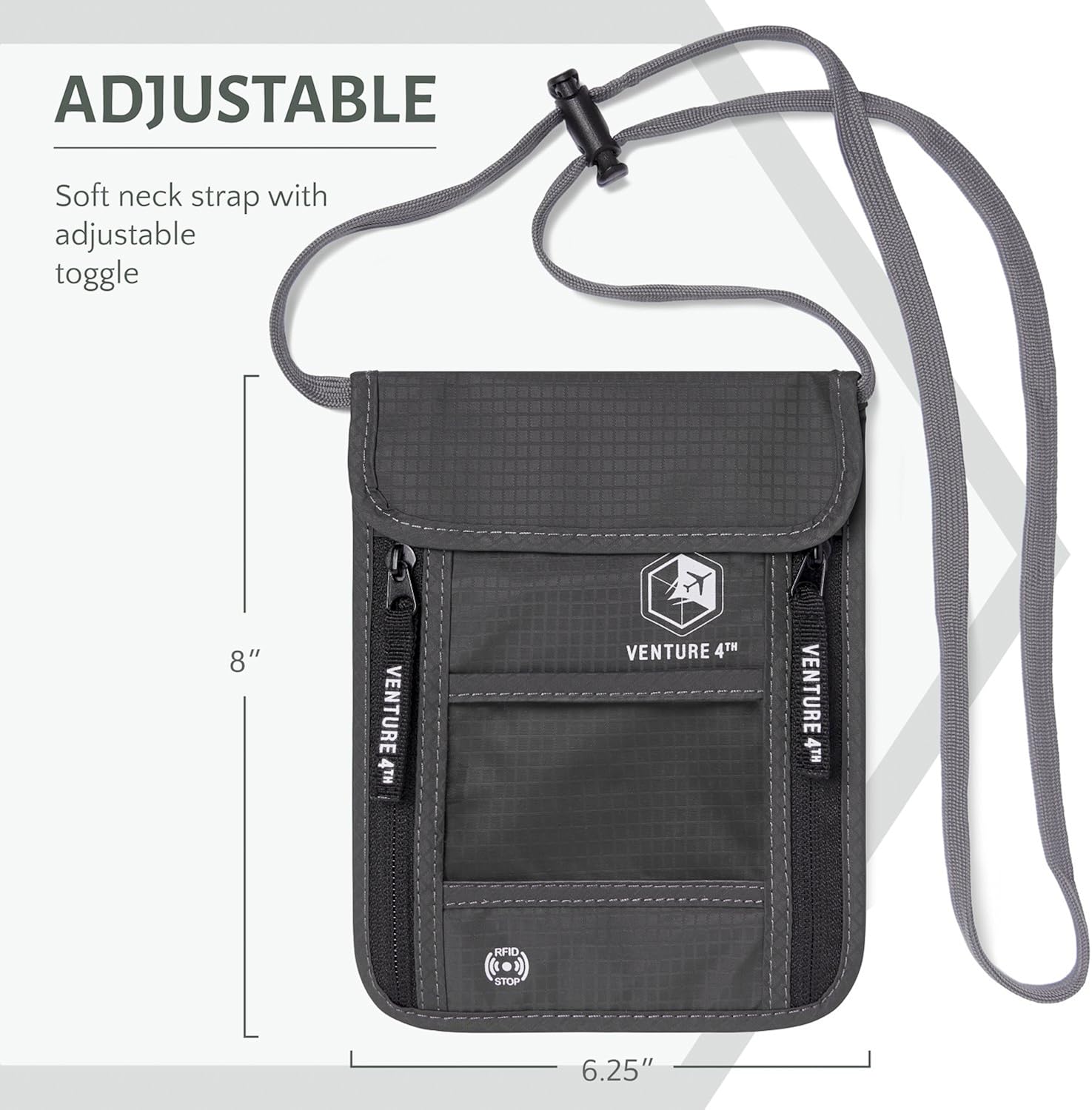  | Venture 4th Travel Neck Pouch With RFID Blocking - Travel Wallet Passport Holder (Grey) | Travel Wallets