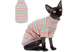 PUMYPOREITY Soft Hairless Cats Clothes - Rainbow Stretchy Cat Sweater, Pullover Jumpsuit, Turtleneck Outfit for Sphynx, Cornish Rex, Devon Rex, XS