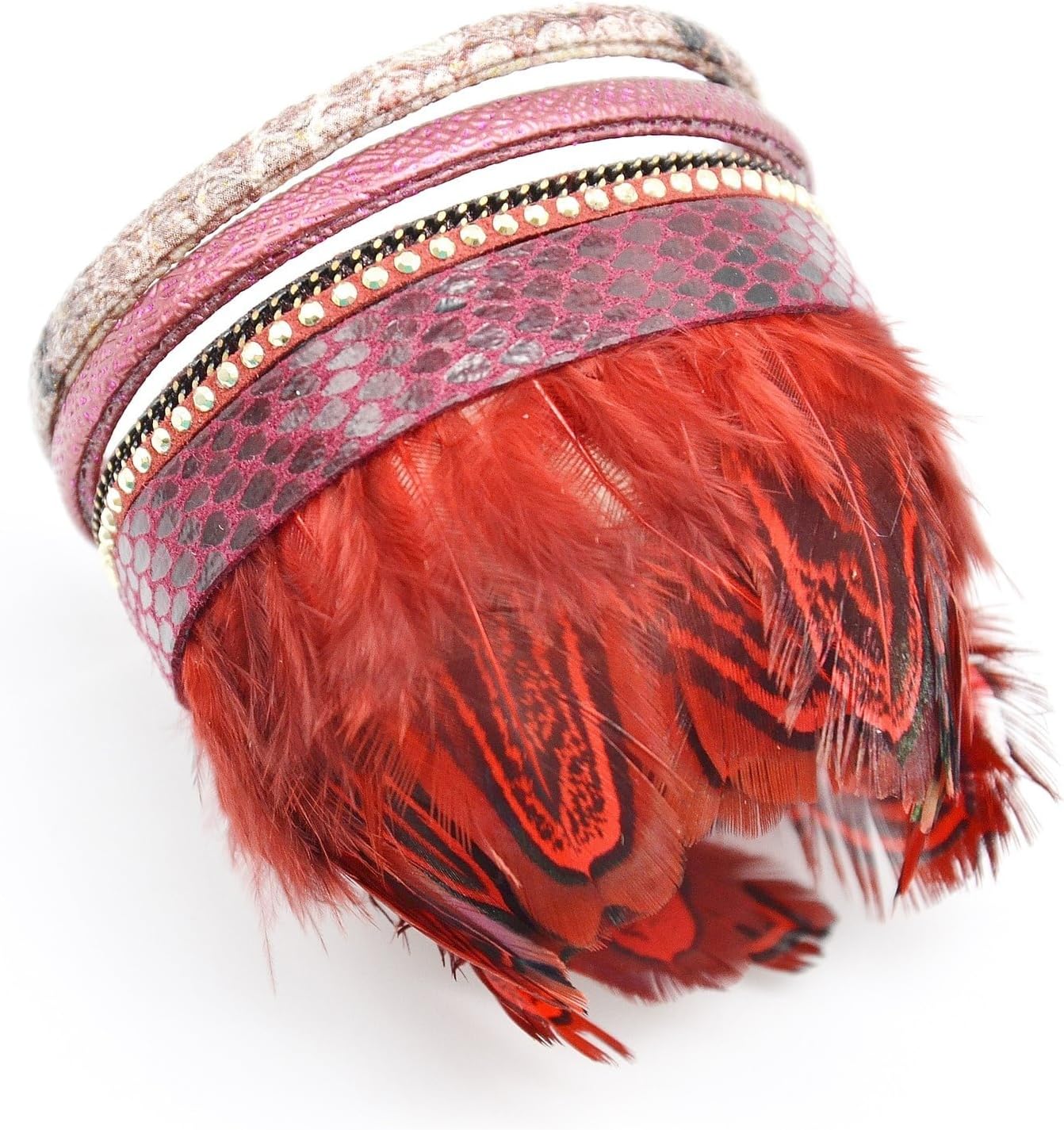 bc912 °F – Ecailles Nails and Peacock Feathers Ethnic Burgundy Leather Multi-Layer Bracelet – Fashion Jewellery