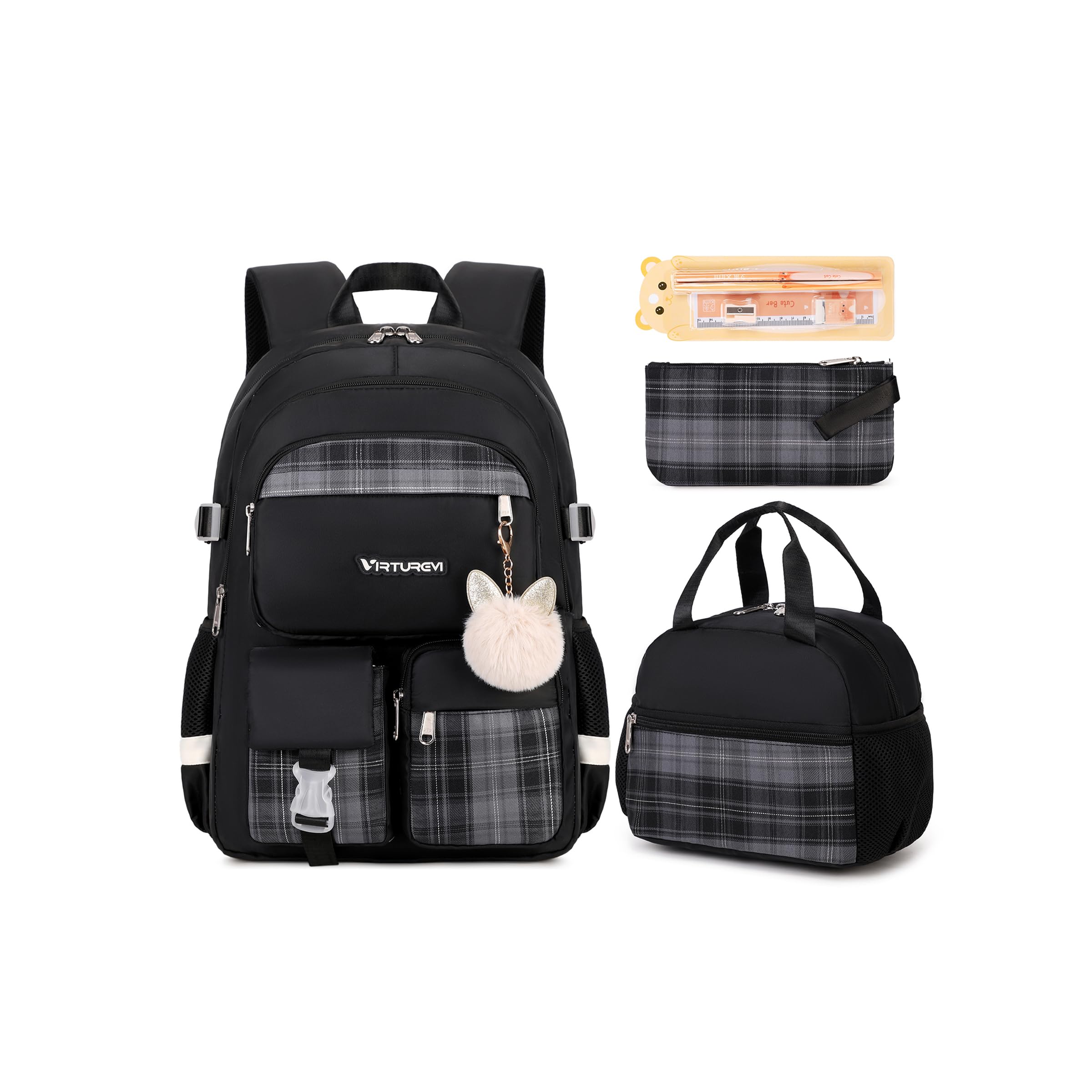 Photo 1 of **MISSING LUNCH BOX**VIRTUREVI 3PCS School Backpack For Student Women College Middle High Teen Girls Bookbag Waterproof Laptop Bag Plaid Black