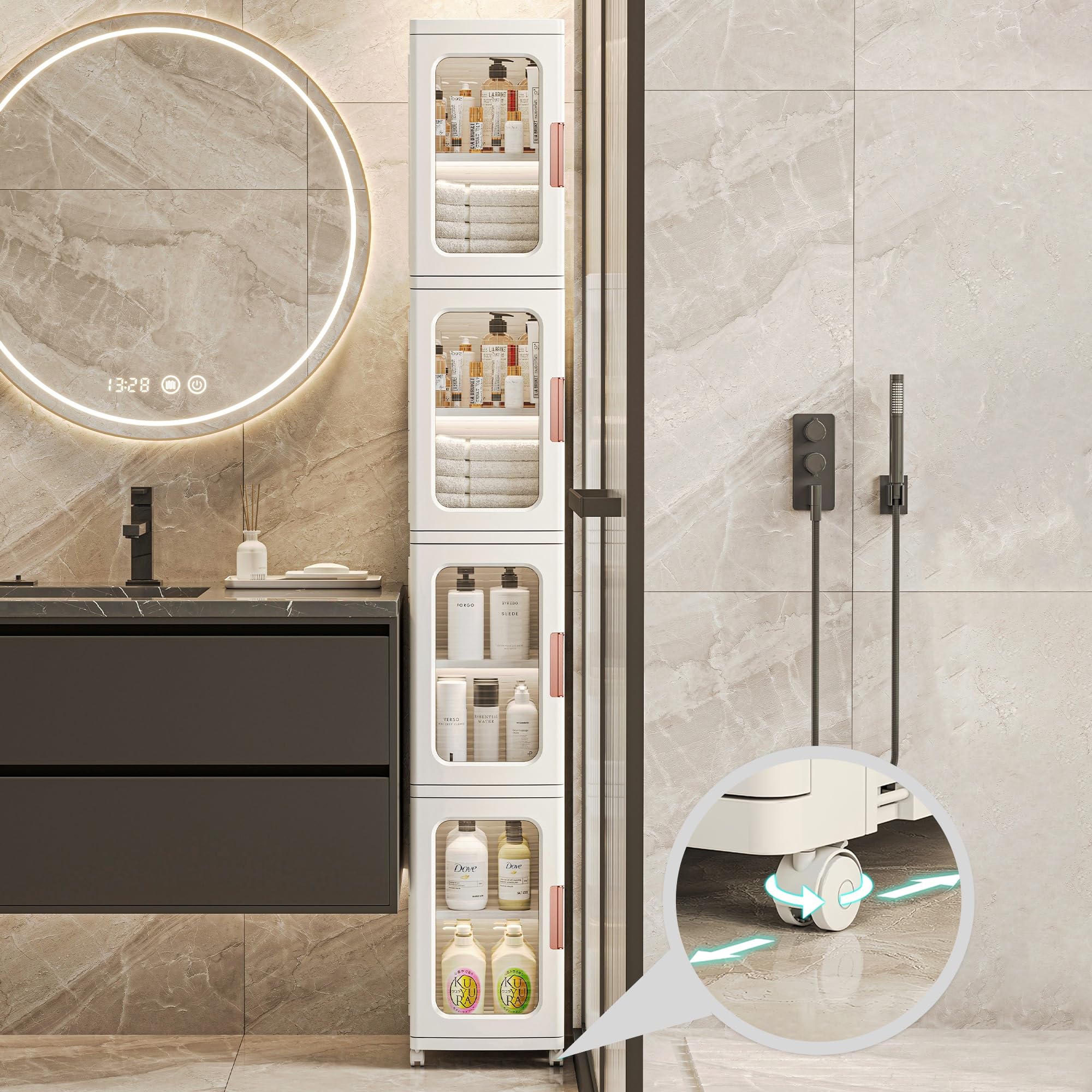 Photo 1 of (used) MOSAMNI Slim Tall Bathroom Storage Cabinet with Doors and Shelves, 4-Tiers Narrow Bathroom Storage Organizer Movable Freestanding Linen Tower Cabinet for Small Spaces, Kitchen, Living Room, White