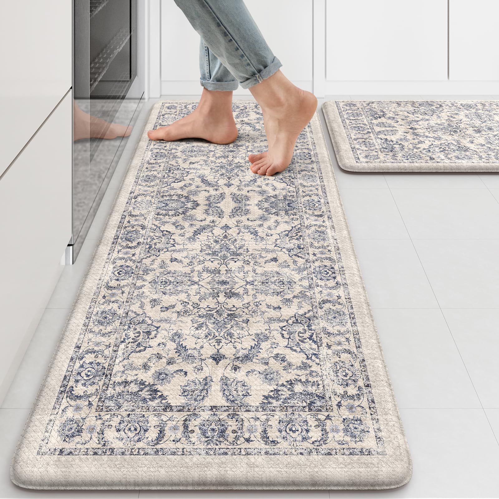 Photo 1 of **SIMILAR ITEM** KIMODE Anti Fatigue Kitchen Mats for Floor, Boho Floral Kitchen Rugs 17"x29.5"+17" x47”, Cushioned Mats for Kitchen Floor, Non Slip Kitchen Floor Mats, Sink, Laundry, Office, Desk Blue Multi