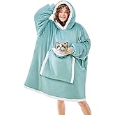 JOYWOO Wearable Blanket Hoodie,Oversized Cat Lovers Sweatshirt Blanket for Adult & Teens, Birthday Gifts for Women Men Mom Girl Boys,Cozy Sherpa Fuzzy Blanket Giant Pocket Gifts,Blue Gray Small