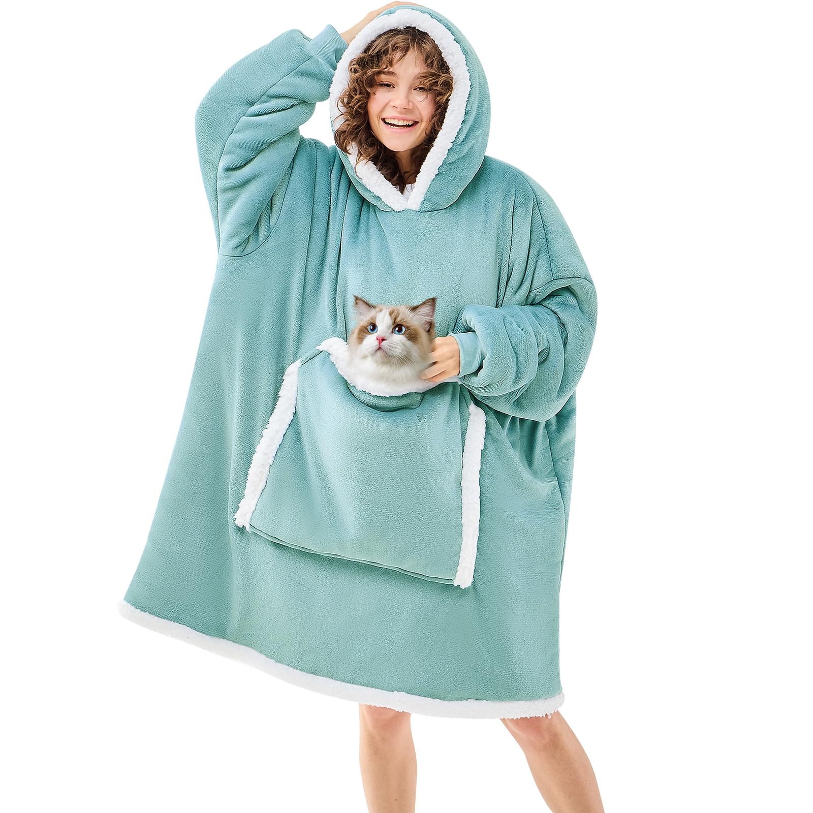 JOYWOO Wearable Blanket Hoodie,Oversized Cat Lovers Sweatshirt Blanket for Adult, Birthday Gifts for Women,Mom,Friend,Cozy Sherpa Hooded Blanket with Giant Pocket and Winter Gifts,Blue Gray Standard Image