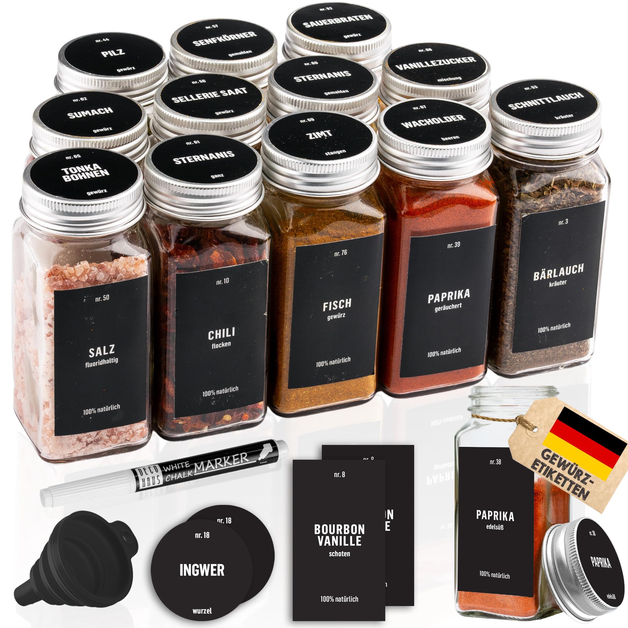 Deco Haus Set of 12 Spice Jars with Screw Cap - Seasoning Kit with EN Labels, Funnel, Cleaning Brush, Marker - Fits on Our 2 Wall Spice Racks - Empty Clear Glass Storage & Dispenser 120ml, 10.5x4.3 cm