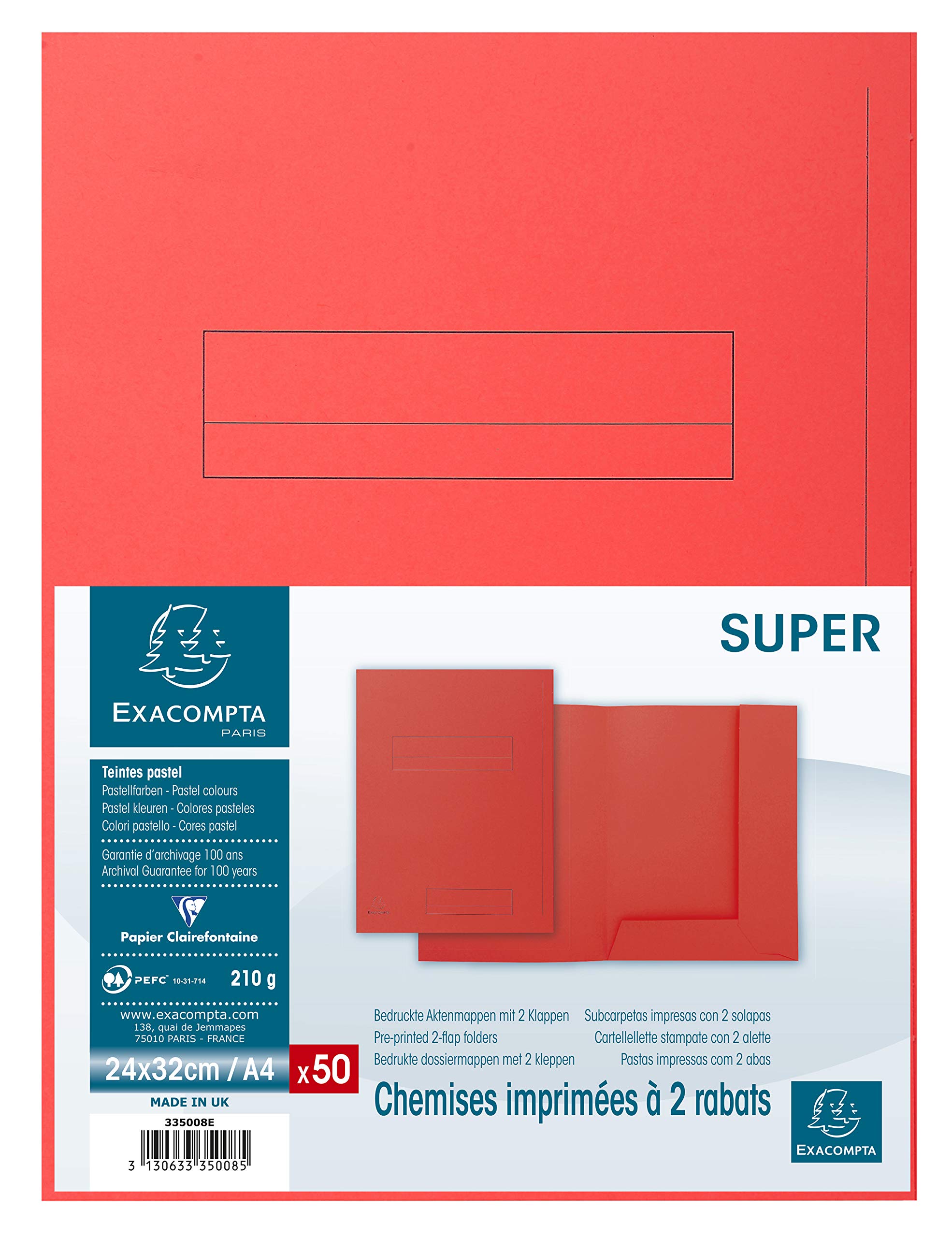 Exacompta - Ref 335008E - Super 210 Printed 2-Flap Folders - 240 x 320mm in Size, Suitable for Holding A4 Documents, 210gsm Card, Pre-Printed - Red (Pack of 50)