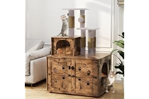 Recaceik Cat Litter Box Enclosure with Cat Tree, Hidden Cat Washroom Furniture with Divider, Wooden Cat House with Platform, Scratching Post and Soft Plush Perch, Indoor Pet Cabinet,Espresso