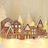 Rossesay Christmas Gingerbread House Tabletop Decorations with Light Wooden Christmas Village Centerpieces Gingerbread Xmas Decor for Table Farmhouse Rustic Xmas Decoration with Base