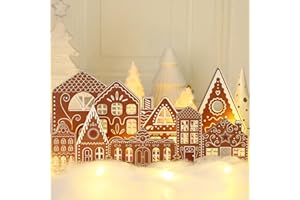 Rossesay Christmas Gingerbread House Tabletop Decorations with Light Wooden Christmas Village Centerpieces Gingerbread Xmas Decor for Table Farmhouse Rustic Xmas Decoration with Base