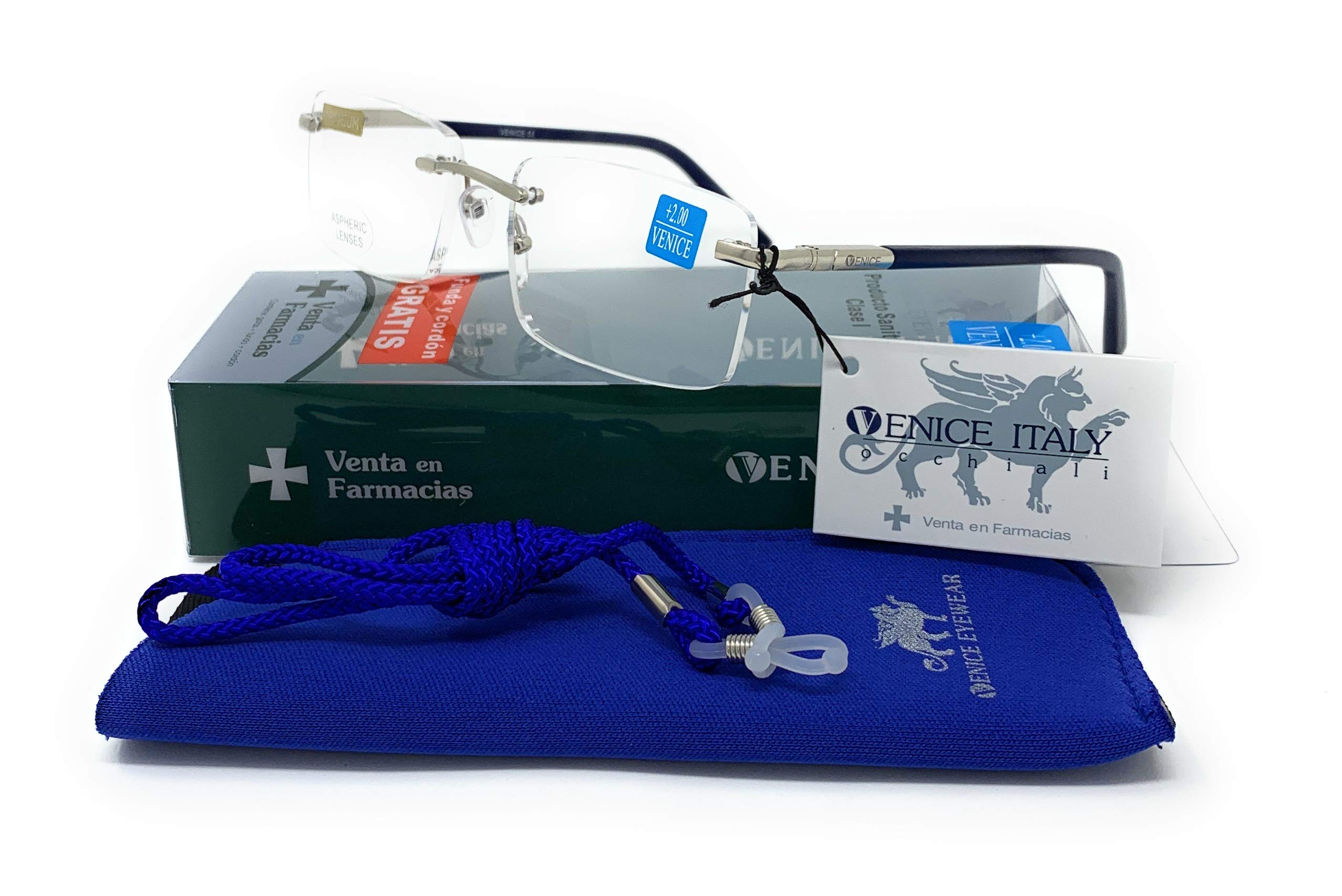 VENICE EYEWEAR OCCHIALI Reading Glasses Frameless Model AIR Spring Hinge Pharmacy Quality (Blue, 2.5, diopters)