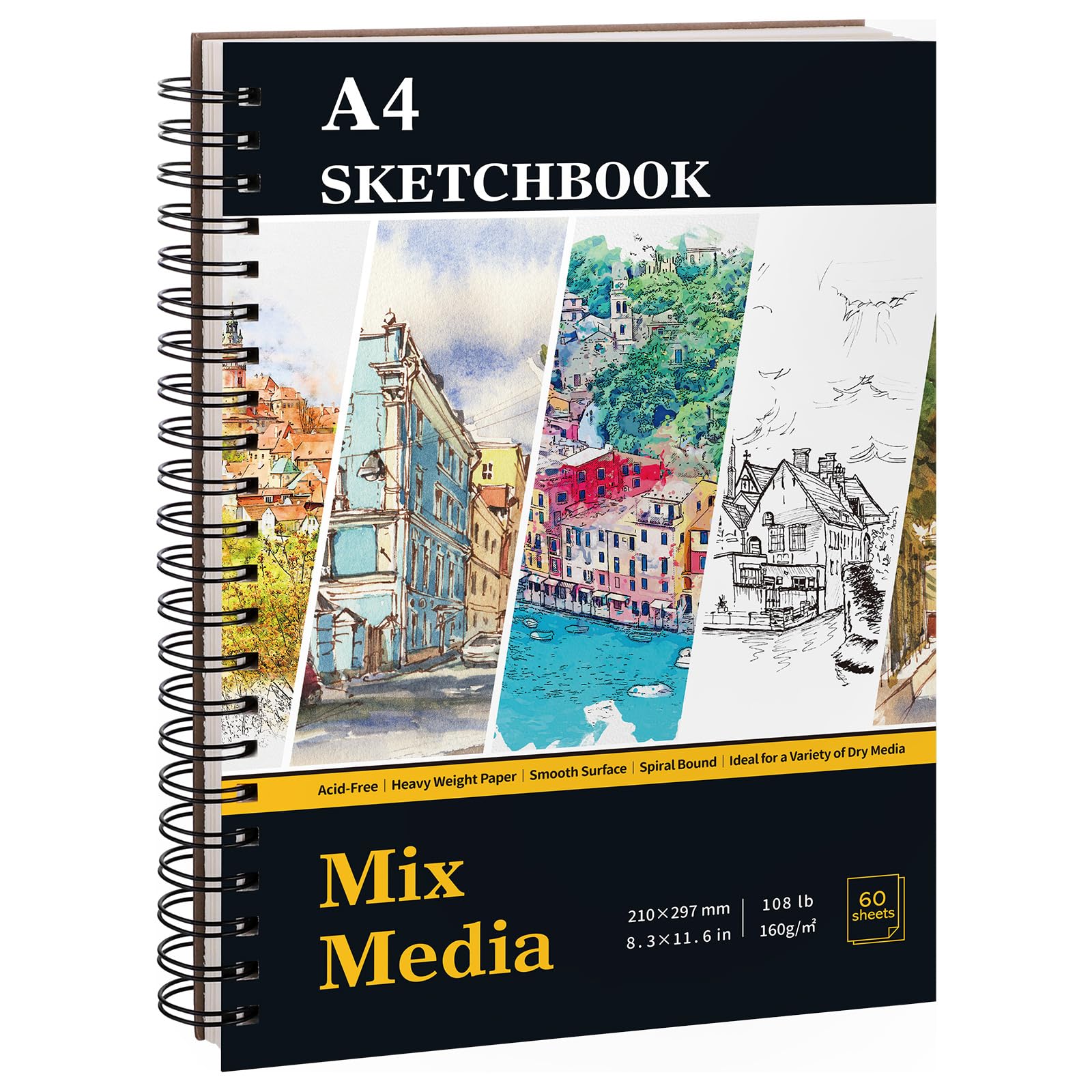 A4 Sketch Book, Mixed Media Sketchbook 60 Sheets / 120 Pages, 160GSM, Spiral Artist Sketch Pad for Sketching Drawing, Pastel, Acrylic, Craft
