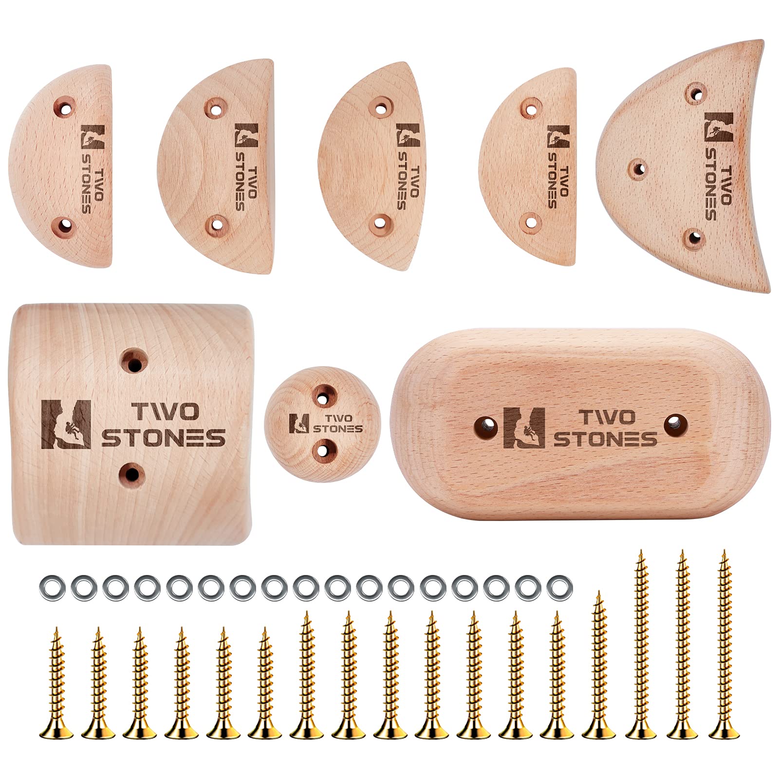 TWO STONES Wooden Rock Climbing Holds Kids and Adults | Wood Rock Wall Climbing Holds Kids and Gyms | Variety Screw On Climbing Hand Holds Set with Mounting Hardware (CJ-HD8in1-A)