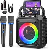 JYX Karaoke Machine for Adults & Kids with 2 Wireless Microphones, Portable Bluetooth Speaker with LED Lights, Supports USB/TF Card/AUX for Party
