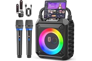 JYX Karaoke Machine with Two Wireless Microphones, Portable Speaker with LED Lights for Kids and Adults, Supports Bluetooth/USB/TF/AUX for Party