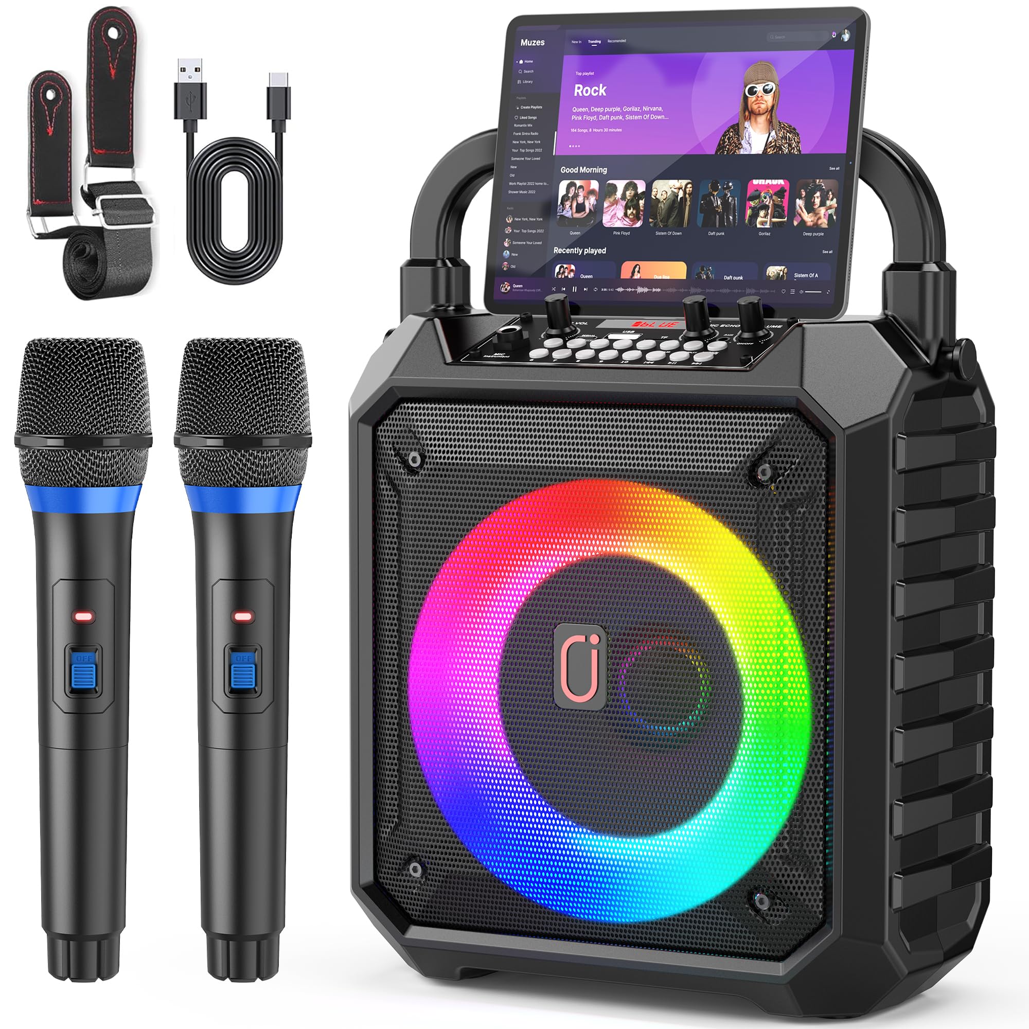 Photo 1 of JYX Karaoke Machine with Two Wireless Microphones, Portable Bluetooth Karaoke Speaker with LED Lights for Kids and Adults, Microphone Speaker Singing Machine Karaoke for Party