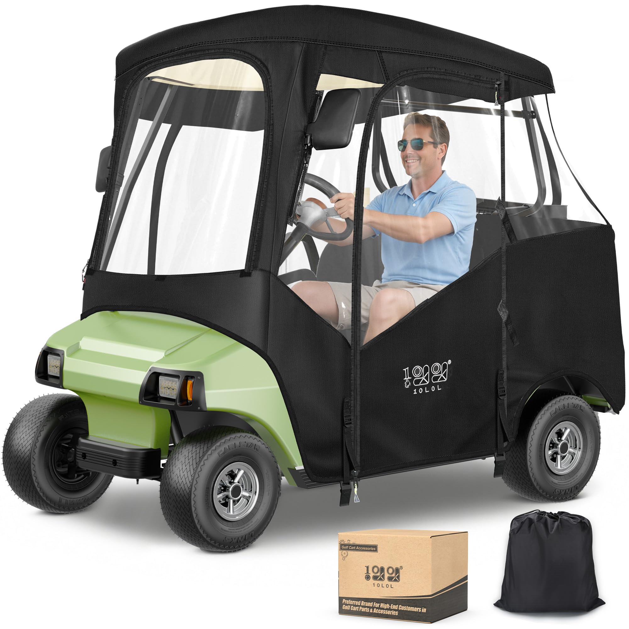 Photo 1 of 10L0L Golf Cart Driving Enclosure for 2 Passenger Club Car DS & Precedent, Waterproof Windproof Oxford Cloth 4-Sided Full Protection Club Car Rain Cover Weather Enclosure (Black/Transparent)