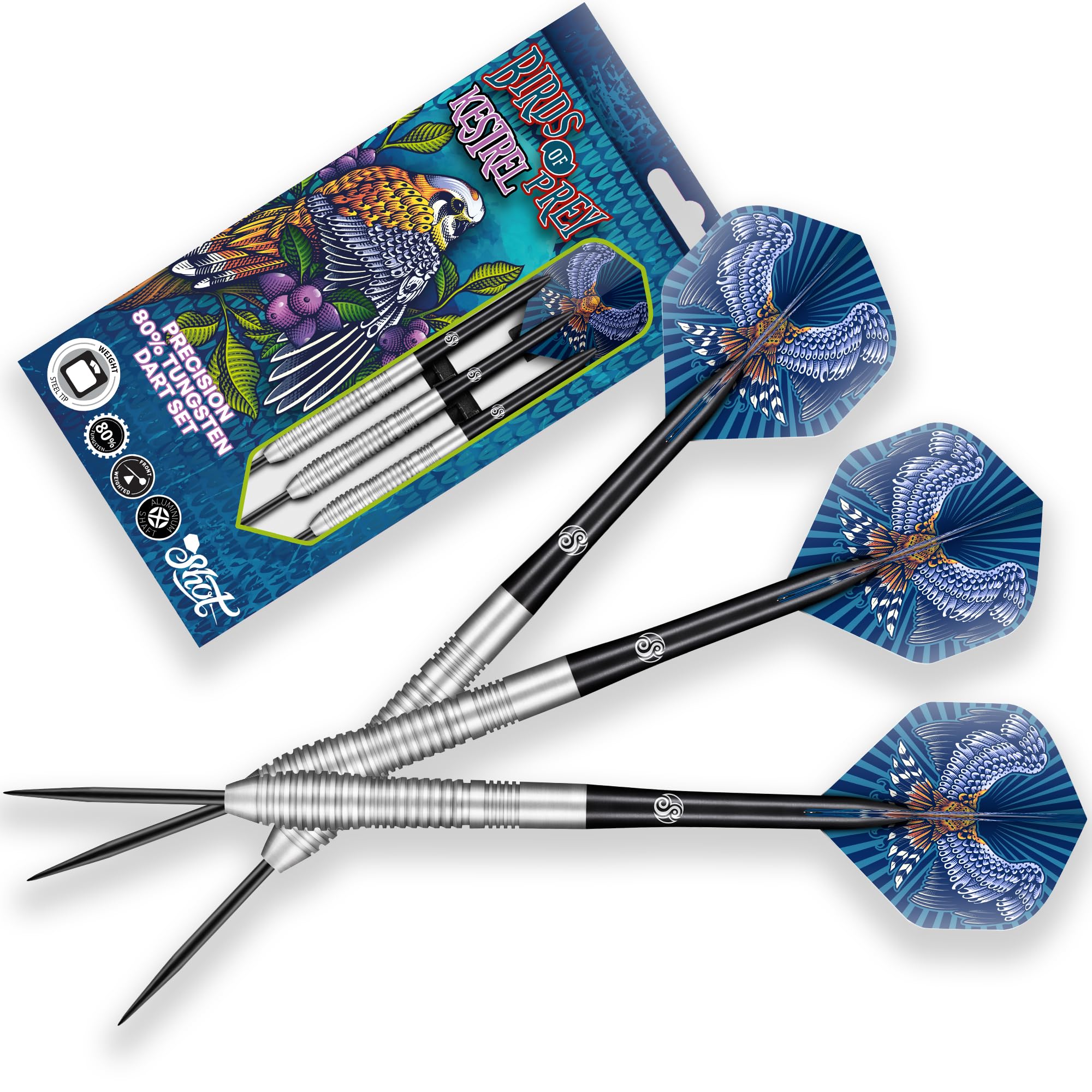 Shot! - Birds of Prey Kestrel 80% Steel Tip Darts 25g | Precision Ring Grip | For All Skill Levels | Inspired by Raptors | Includes Durable Shafts | Steel Tip Darts, Zen, Warrior