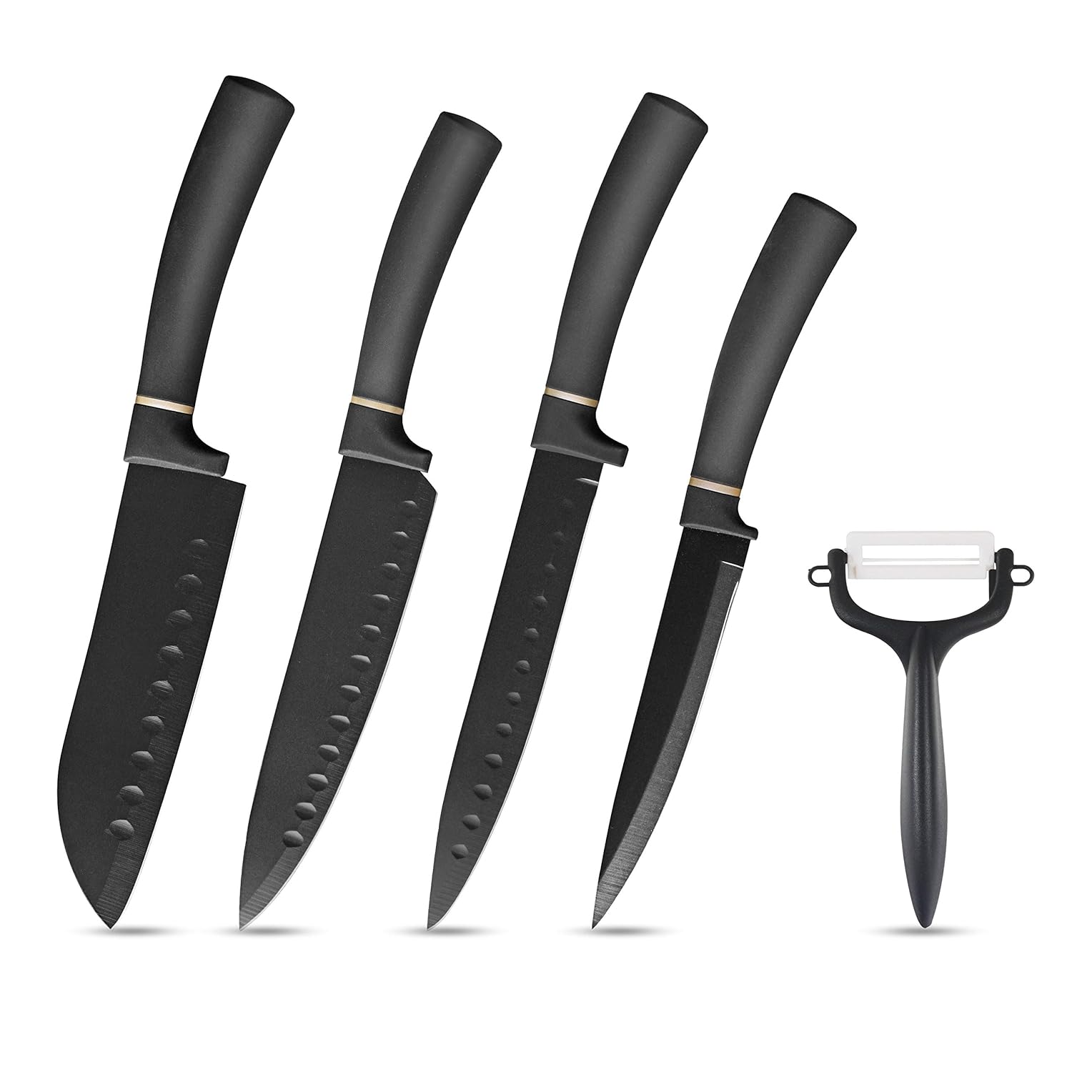 Elabo 5 Pieces Black Kitchen Knife Set Stainless Steel Non Stick Coating Knives, Rose Gold Handle, Includes 6'' Chef Knife, 7'' Santoku Knife, 7" Slicer Knife, 5''Utility Knife and Ceramics Peeler