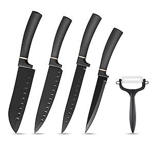 Elabo 5 Pieces Black Kitchen Knife Set Stainless Steel Non Stick Coating Knives, Rose Gold Handle, Includes 6'' Chef Knife, 7'' Santoku Knife, 7" Slicer Knife, 5''Utility Knife and Ceramics Peeler