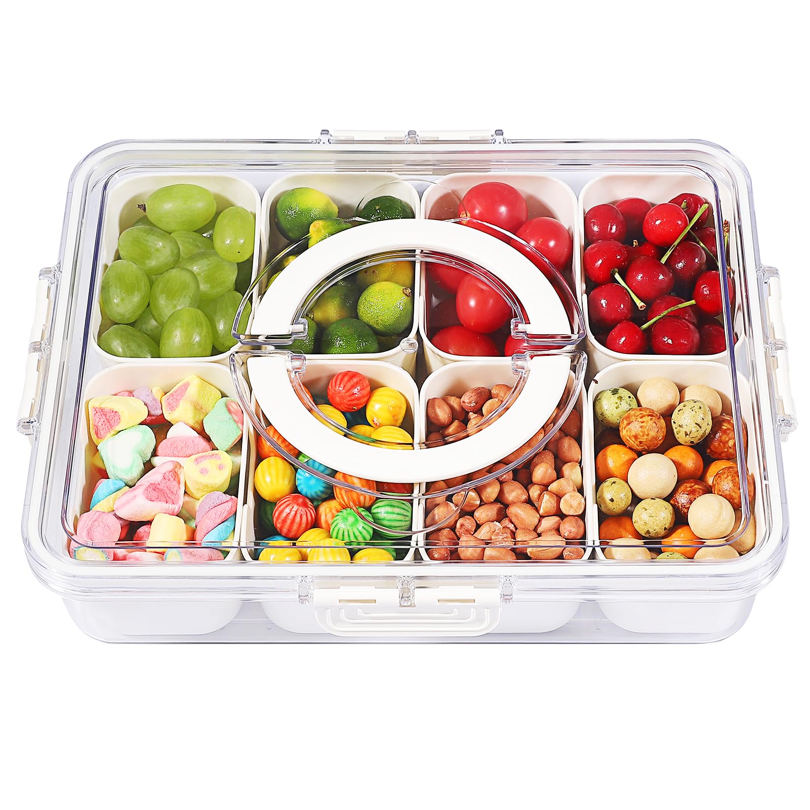 Photo 1 of Snack Box Container?Divided Serving Tray with Lid and Handle Snackle Box Container, reusable leakproof organizing portable snacks platters clear organizer for candy fruits nuts party entertaining