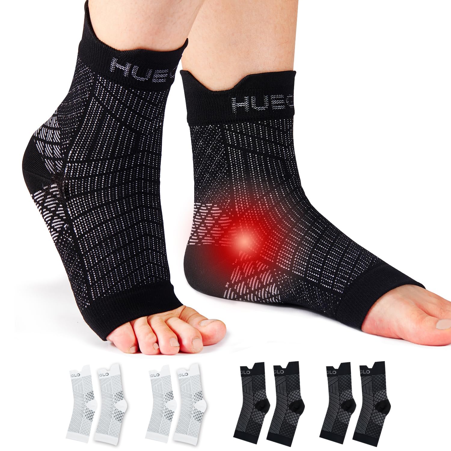 HUEGLO 4 Pairs Compression Socks For Women Men Neuropathy Plantar Fasciitis Socks Ankle Support Brace Breathable Anti-Slip Foot Support (2Black+2White, XL)